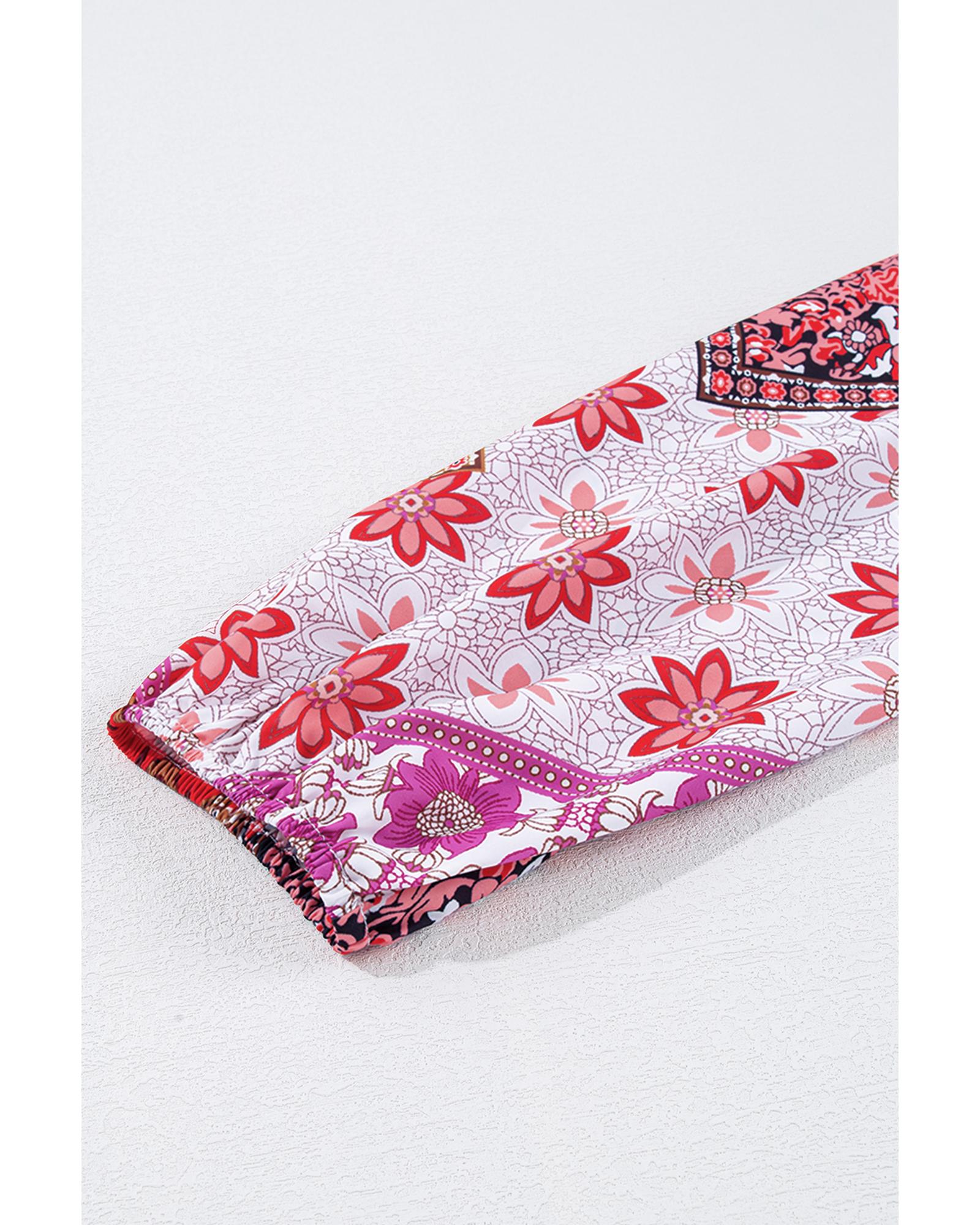 Rose Mixed Floral Long Sleeve V Neck Lace-up Hollowed Back Plus Size Dress - 4X