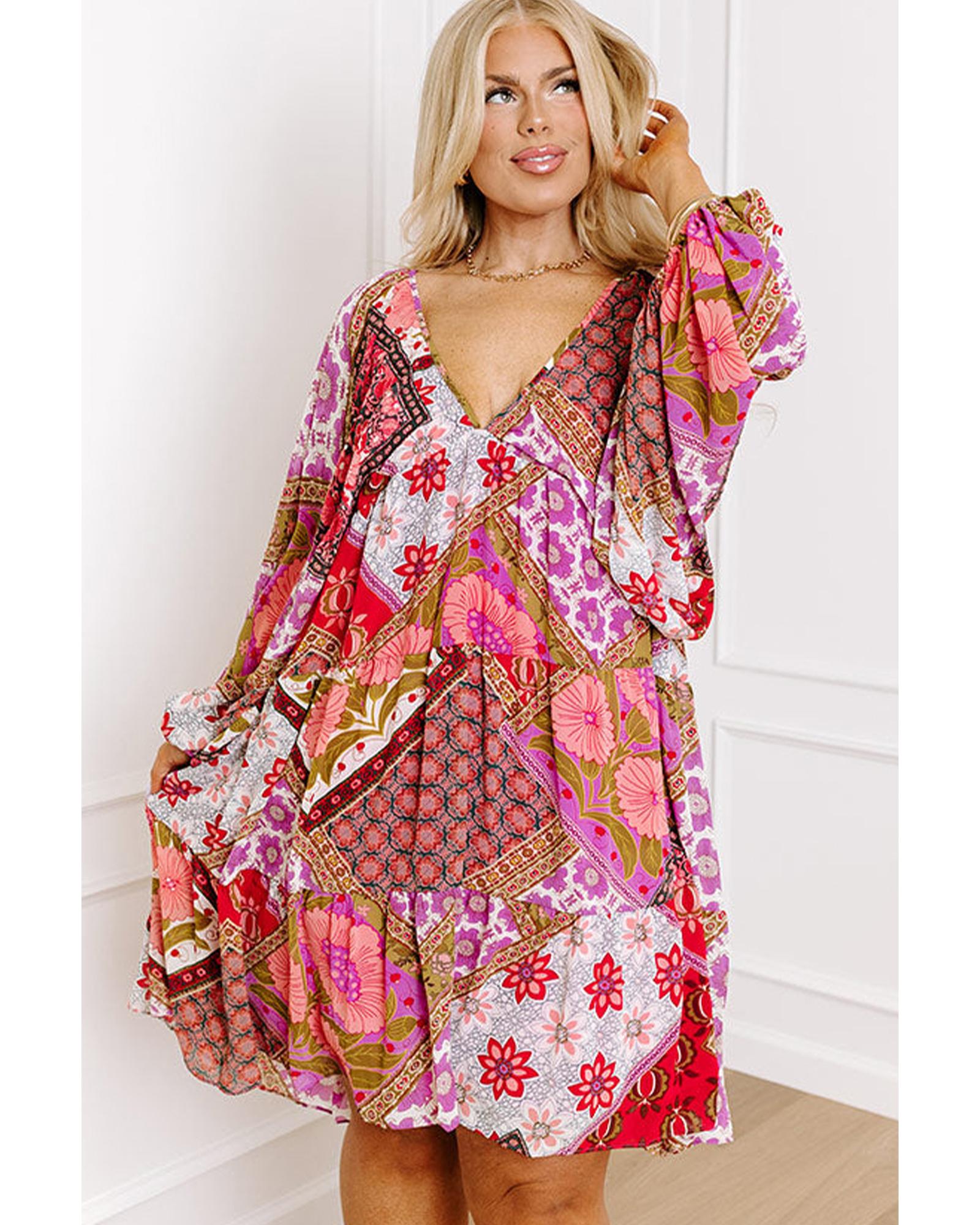 Rose Mixed Floral Long Sleeve V Neck Lace-up Hollowed Back Plus Size Dress - 4X 6