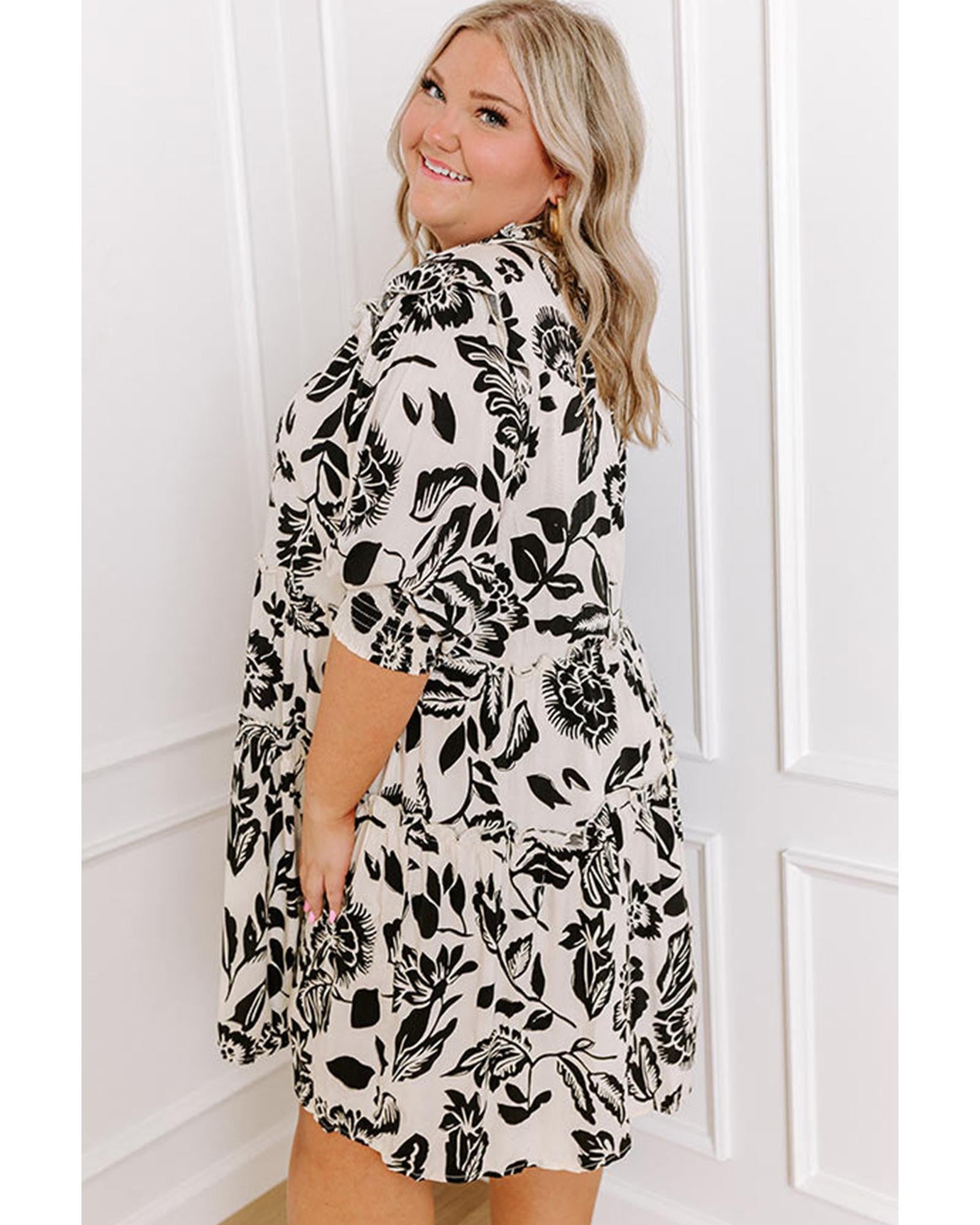 Black Floral Print Tiered Frilled Half Sleeve Plus Size Mini Dress - 3X 4