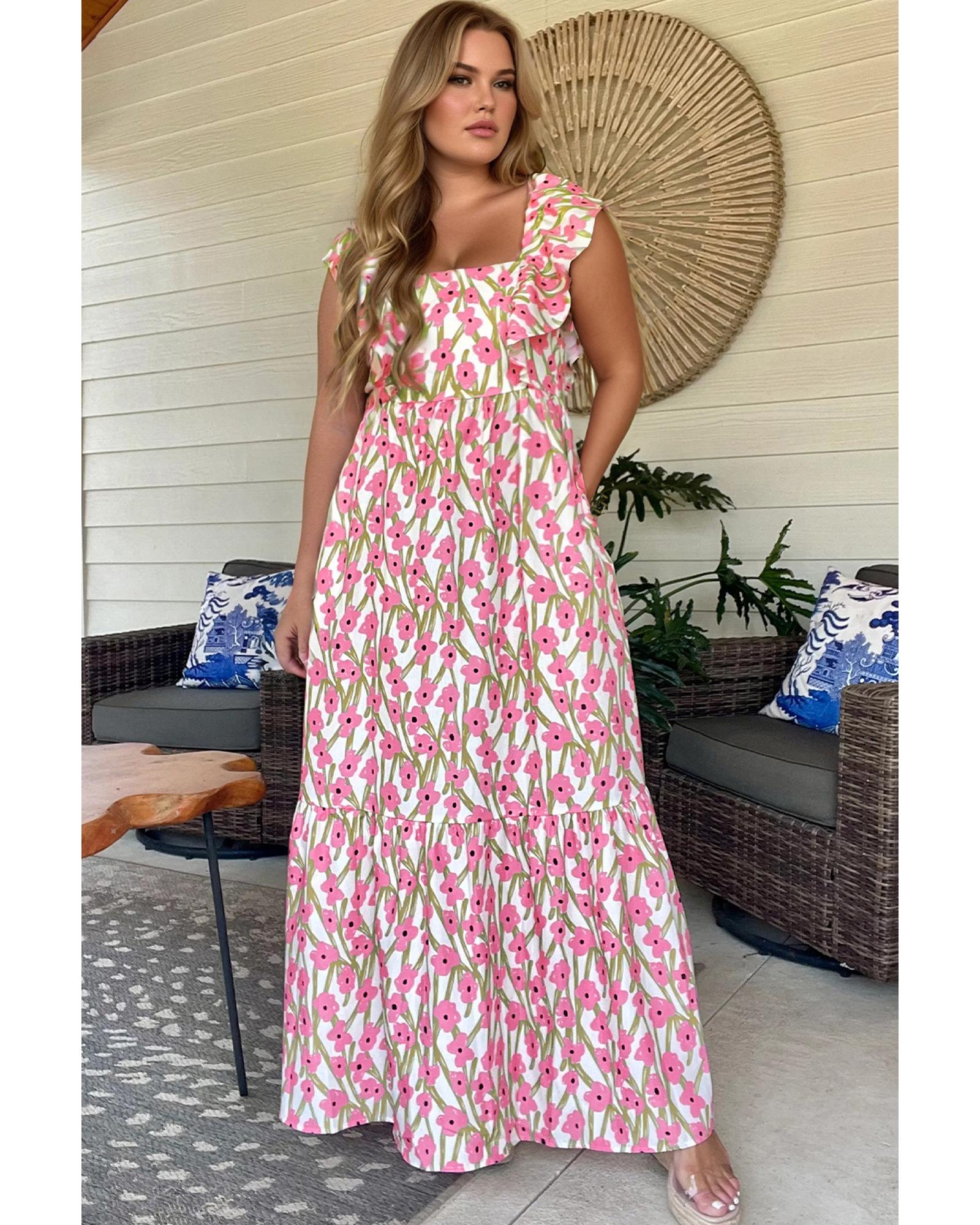 Pink Plus Size Ruffle Trim Square Neck High Waist Floral Maxi Dress - 2X 3