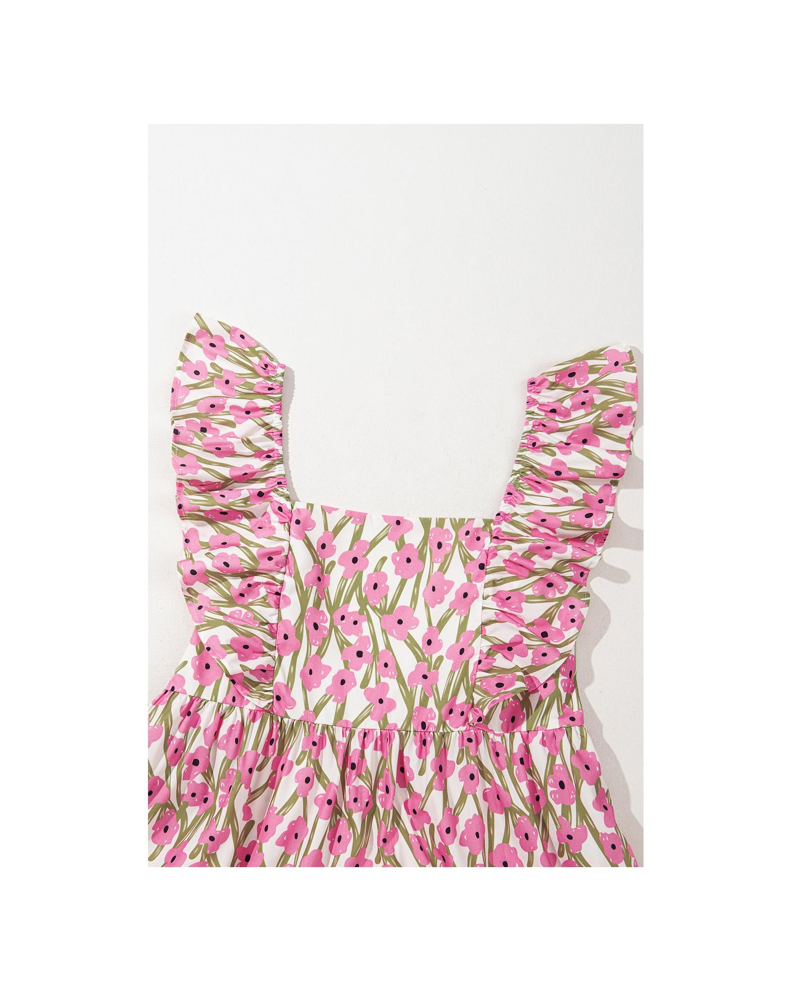 Pink Plus Size Ruffle Trim Square Neck High Waist Floral Maxi Dress - 2X 6