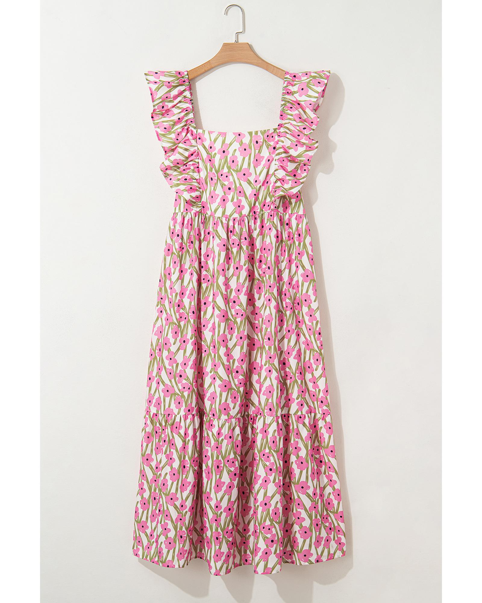 Pink Plus Size Ruffle Trim Square Neck High Waist Floral Maxi Dress - 3X 4