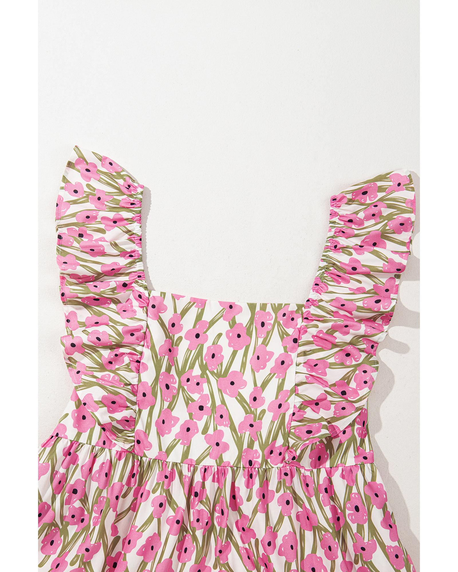 Pink Plus Size Ruffle Trim Square Neck High Waist Floral Maxi Dress - 3X 6