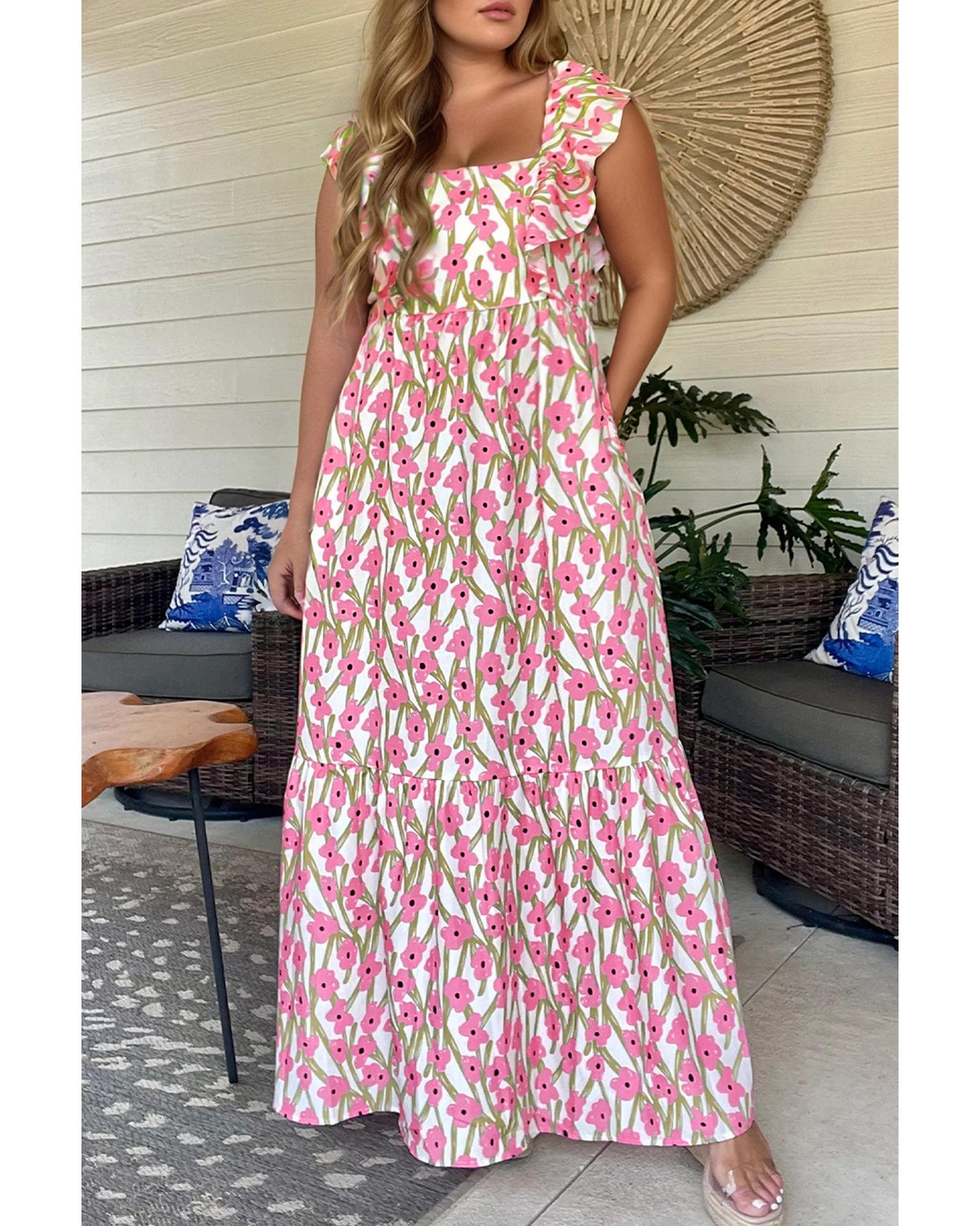 Pink Plus Size Ruffle Trim Square Neck High Waist Floral Maxi Dress - 4X