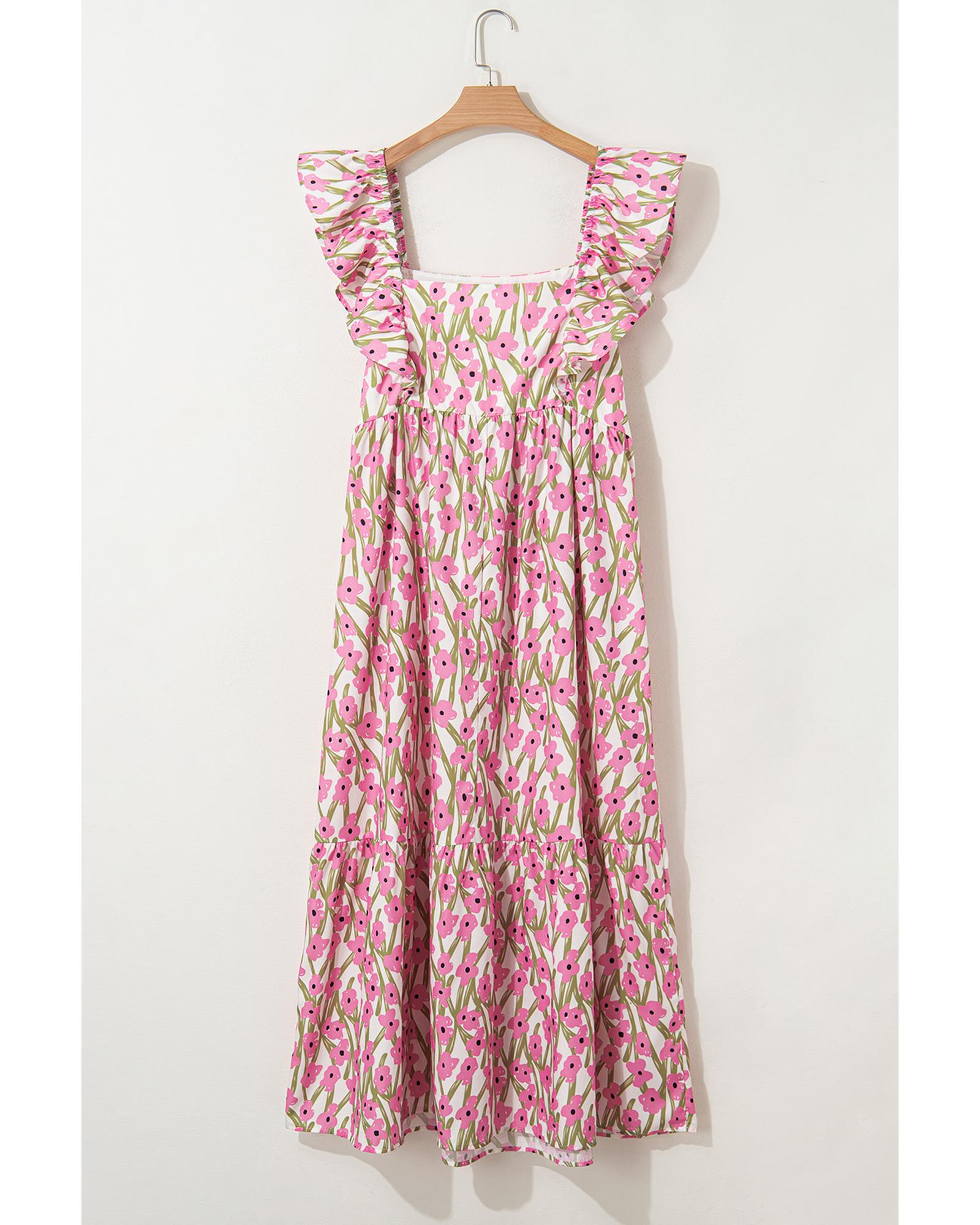 Pink Plus Size Ruffle Trim Square Neck High Waist Floral Maxi Dress - 4X 5