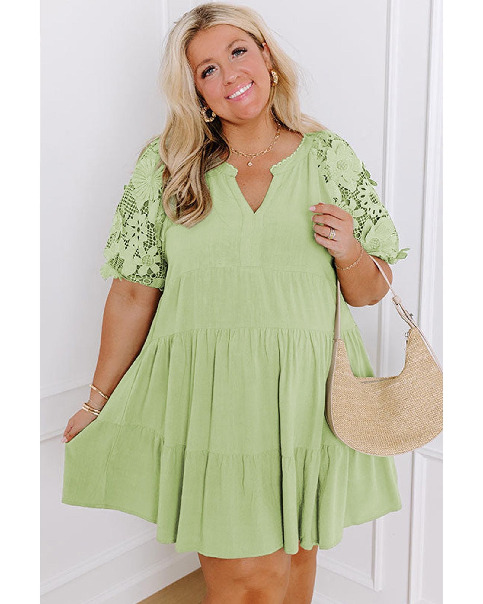 Laurel Green Floral Crochet Short Sleeve Notch V Neck Tiered Plus Size Mini Dress - 2X 4