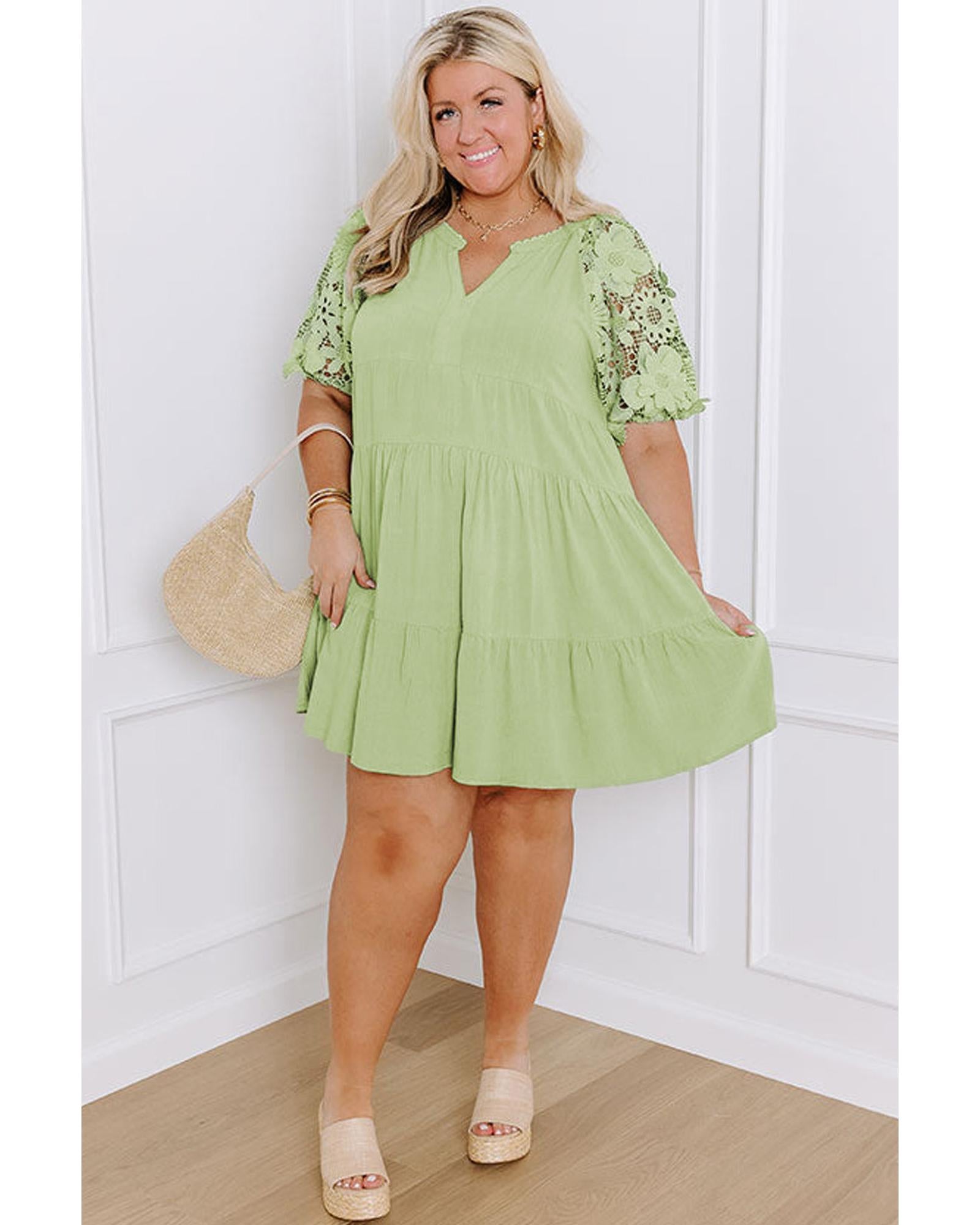 Laurel Green Floral Crochet Short Sleeve Notch V Neck Tiered Plus Size Mini Dress - 2X 5