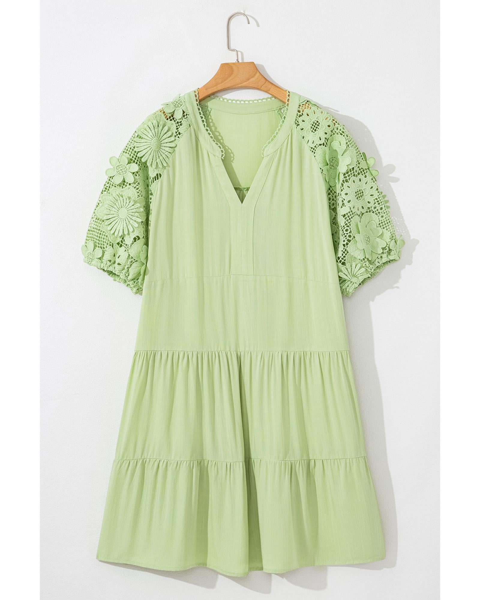 Laurel Green Floral Crochet Short Sleeve Notch V Neck Tiered Plus Size Mini Dress - 2X 6