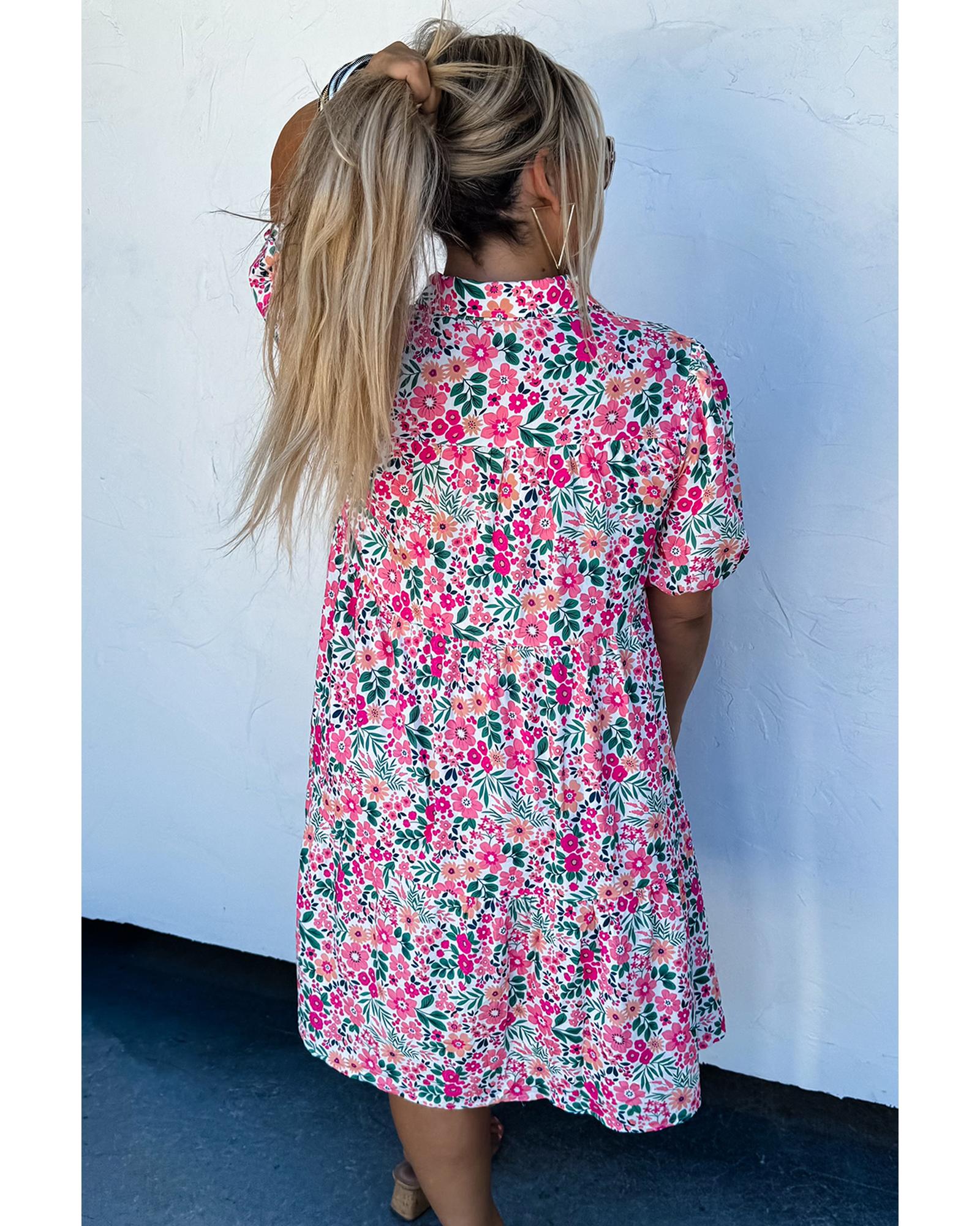 Pink Plus Size Floral Half Button Short Puff Sleeve A-line Dress - 1X