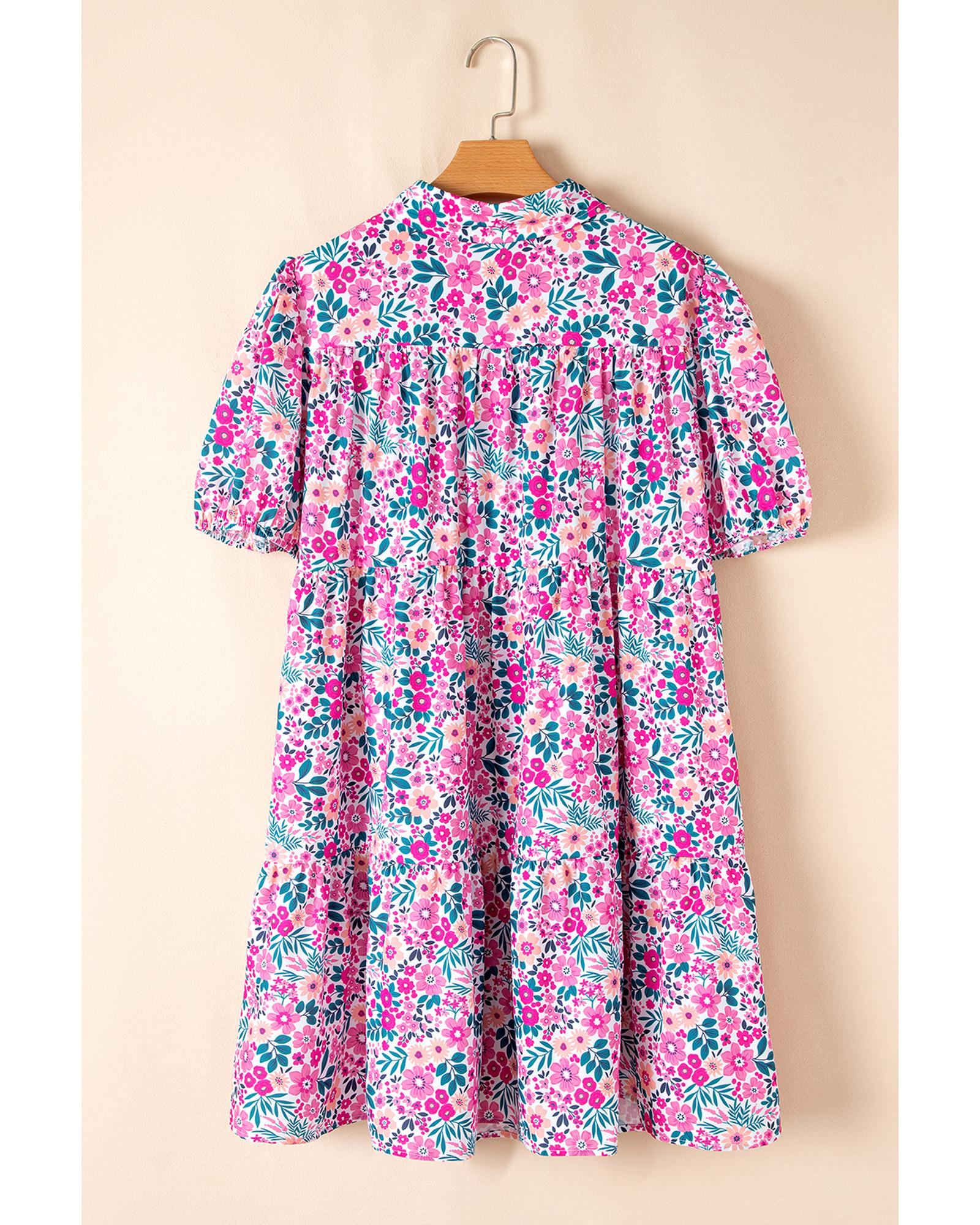 Pink Plus Size Floral Half Button Short Puff Sleeve A-line Dress - 1X 6