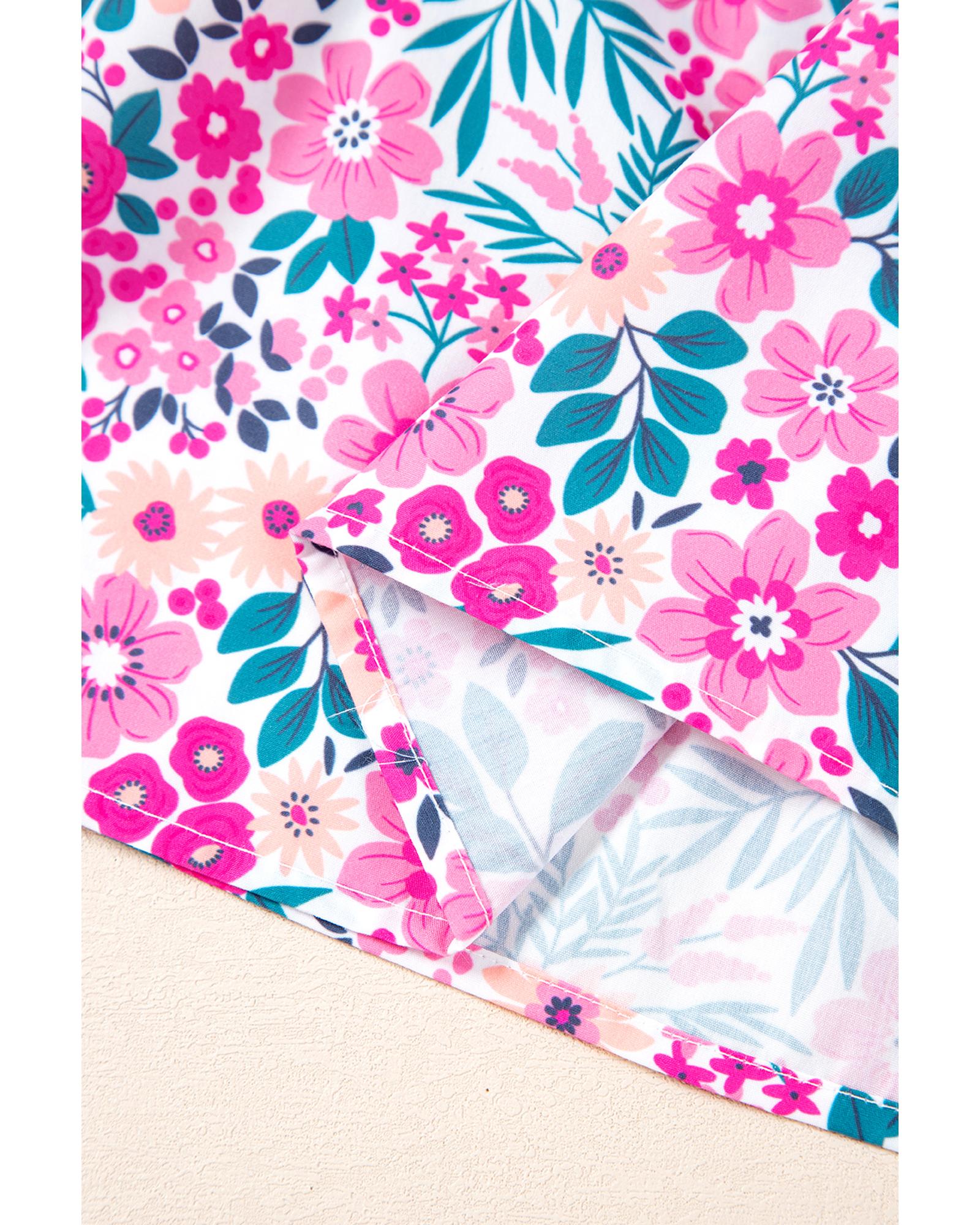 Pink Plus Size Floral Half Button Short Puff Sleeve A-line Dress - 1X 7