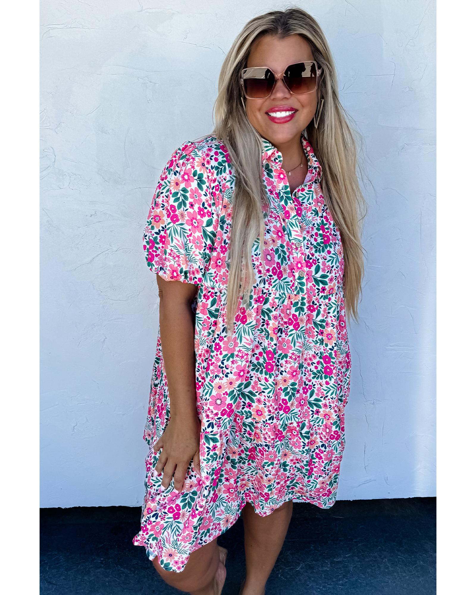 Pink Plus Size Floral Half Button Short Puff Sleeve A-line Dress - 3X 3