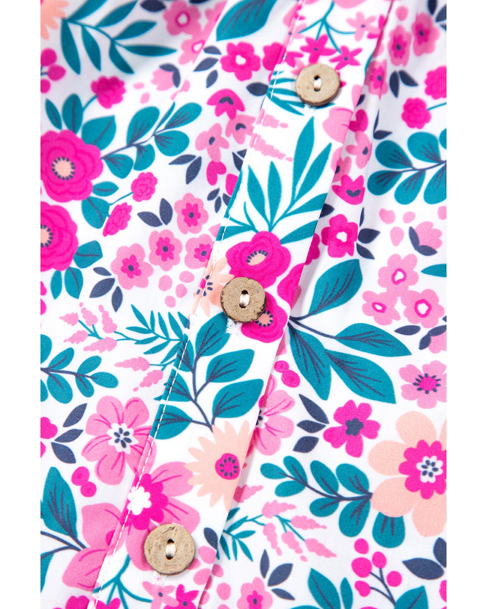 Pink Plus Size Floral Half Button Short Puff Sleeve A-line Dress - 3X 8