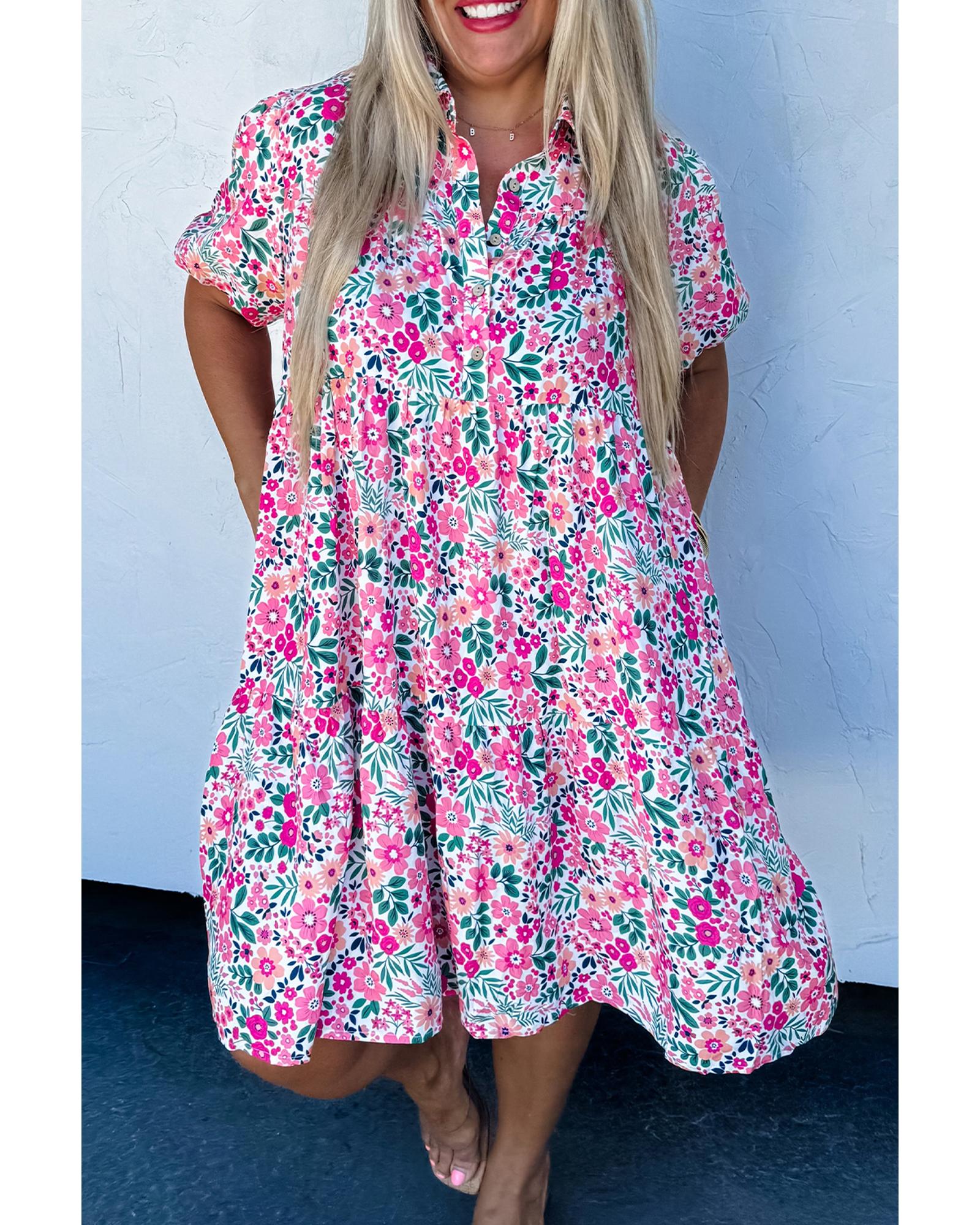 Pink Plus Size Floral Half Button Short Puff Sleeve A-line Dress - 4X