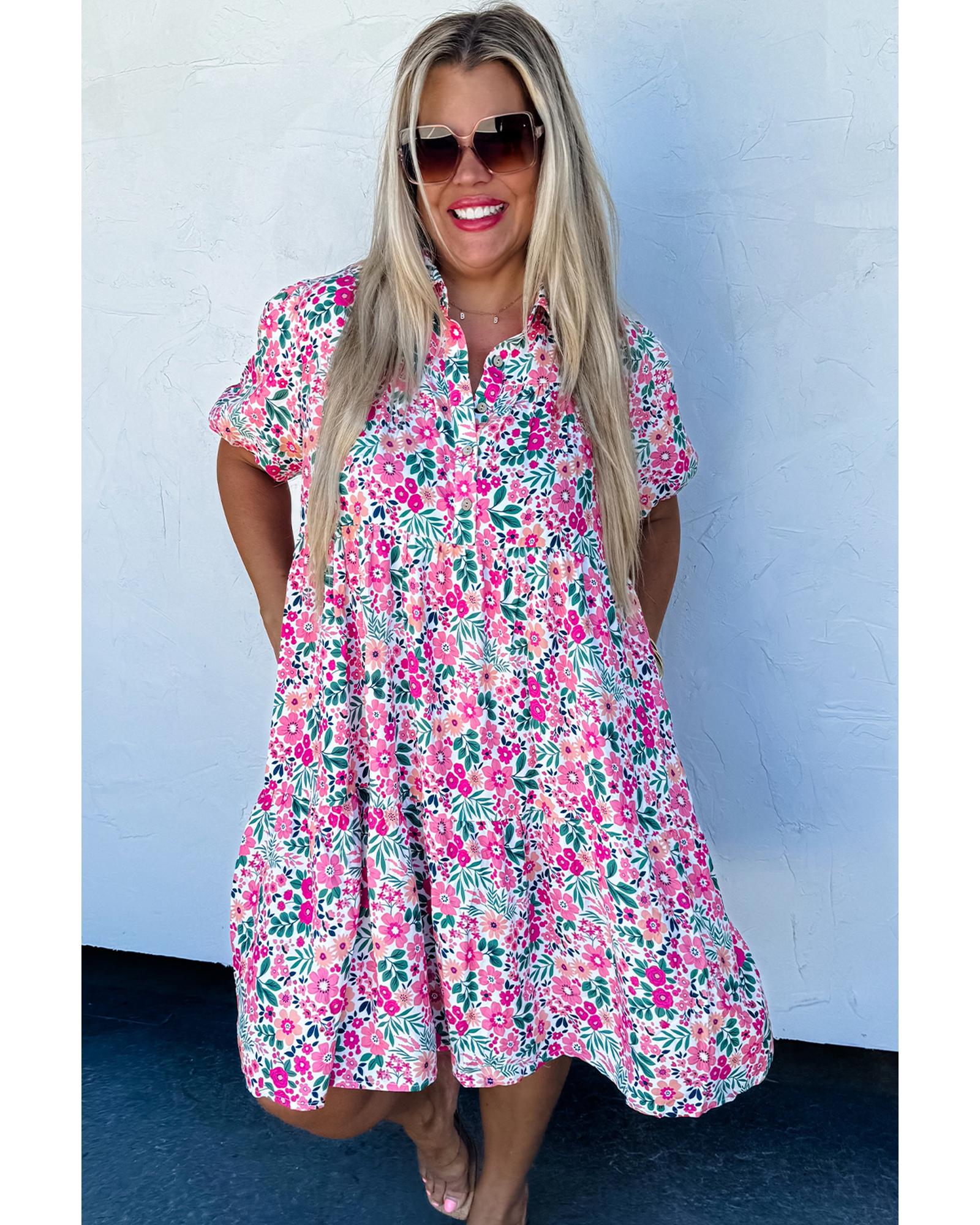 Pink Plus Size Floral Half Button Short Puff Sleeve A-line Dress - 4X 3