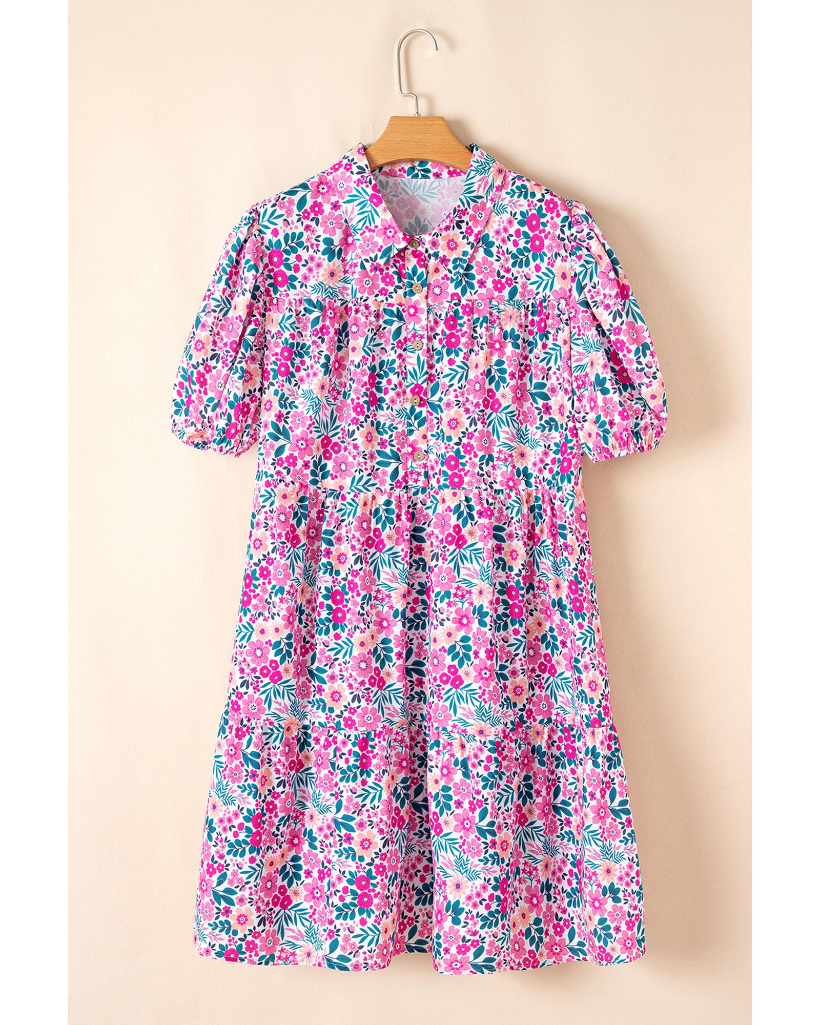 Pink Plus Size Floral Half Button Short Puff Sleeve A-line Dress - 4X 4