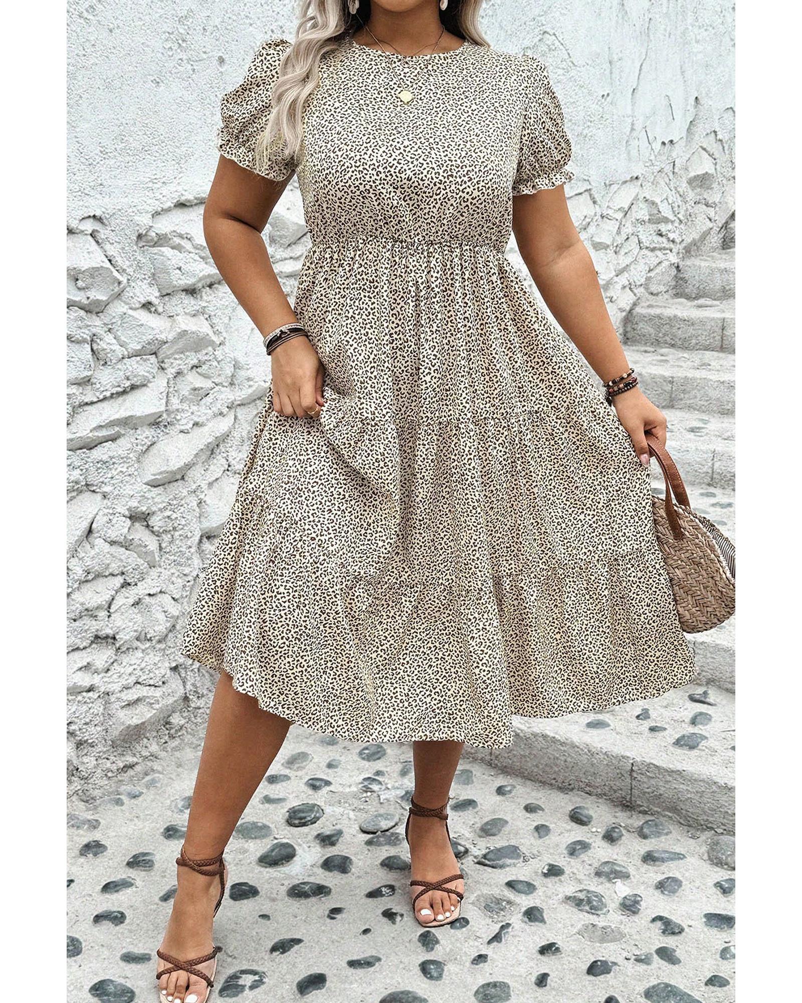 Beige Plus Size Leopard Print Frill Trim Short Sleeve Flared Dress - 1X