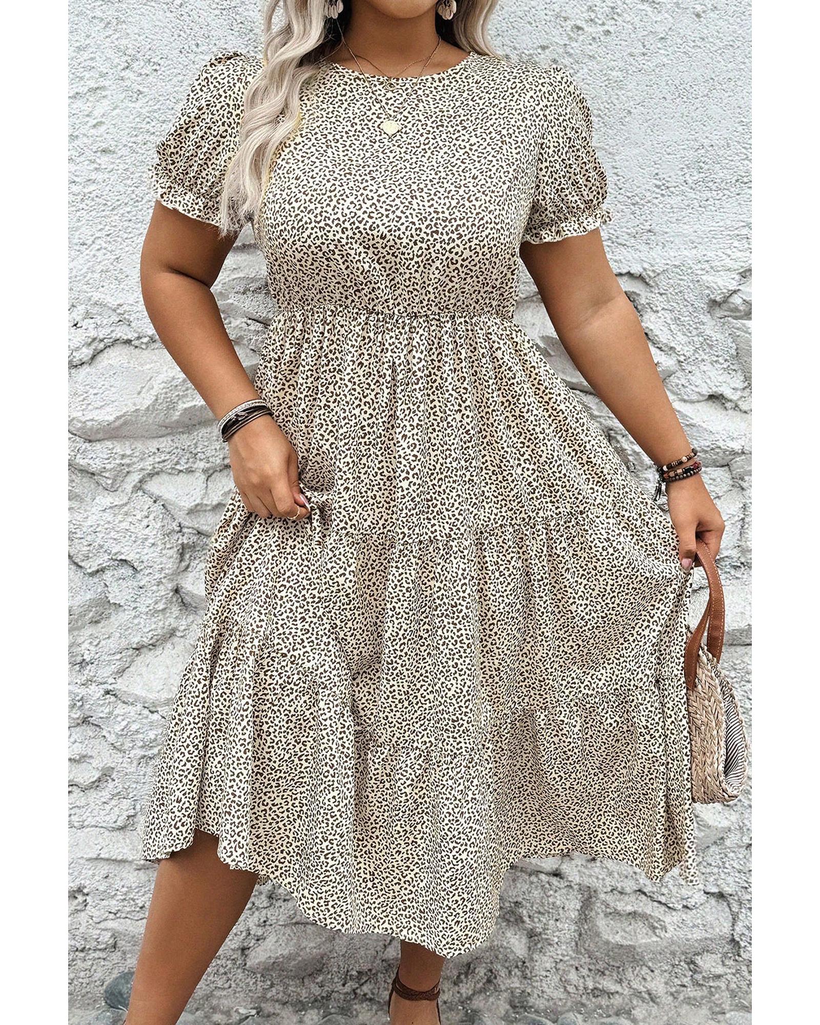 Beige Plus Size Leopard Print Frill Trim Short Sleeve Flared Dress - 1X