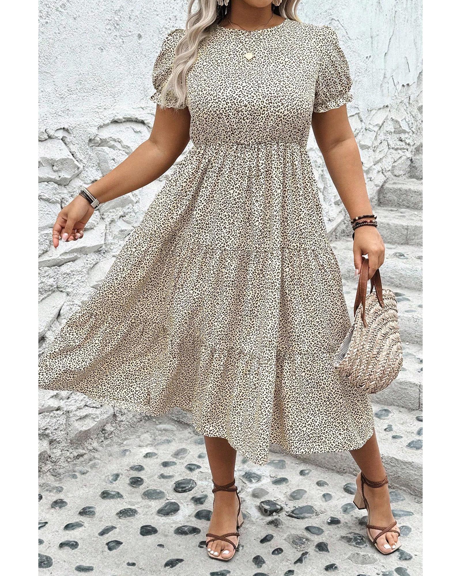 Beige Plus Size Leopard Print Frill Trim Short Sleeve Flared Dress - 1X 3