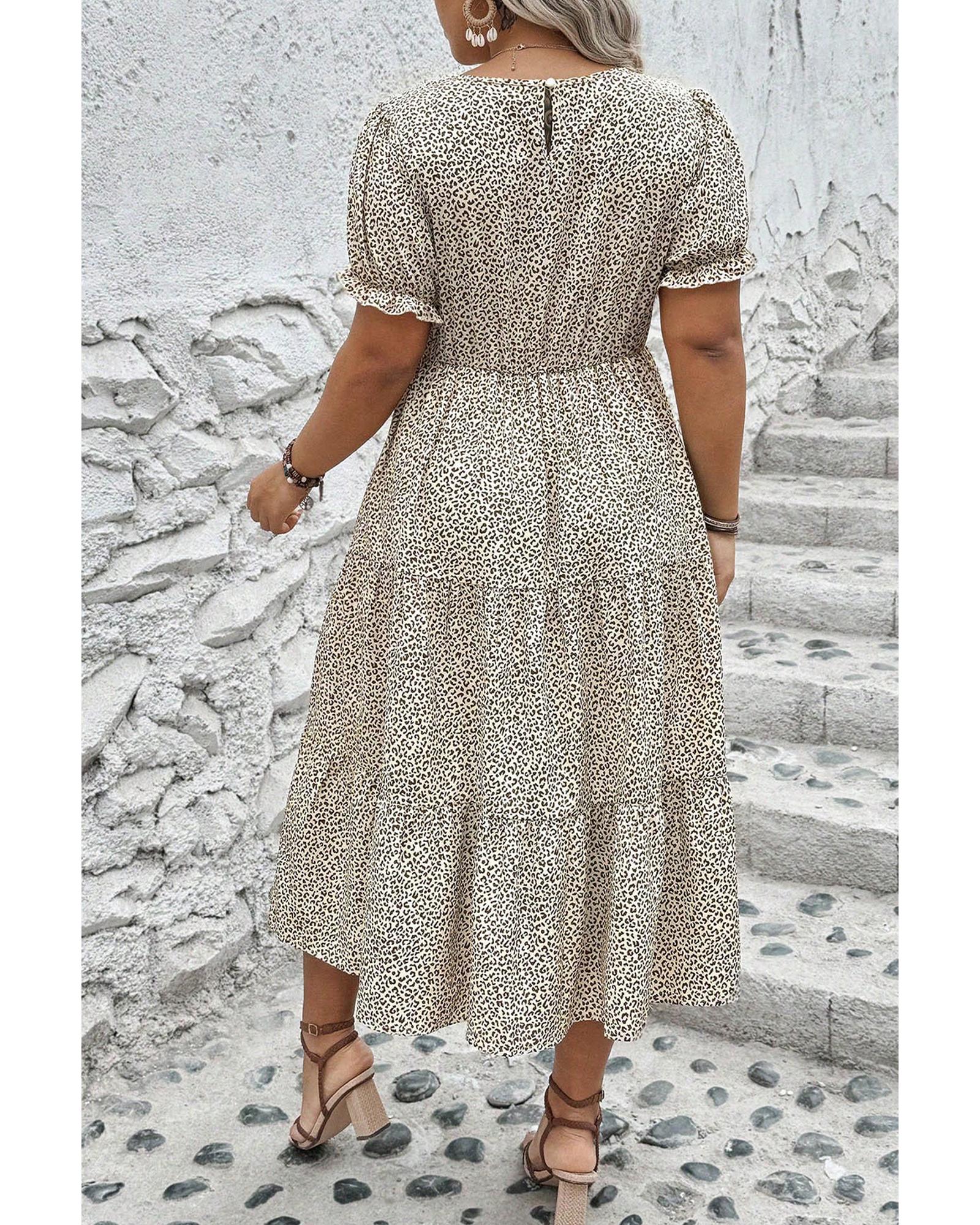 Beige Plus Size Leopard Print Frill Trim Short Sleeve Flared Dress - 1X 4