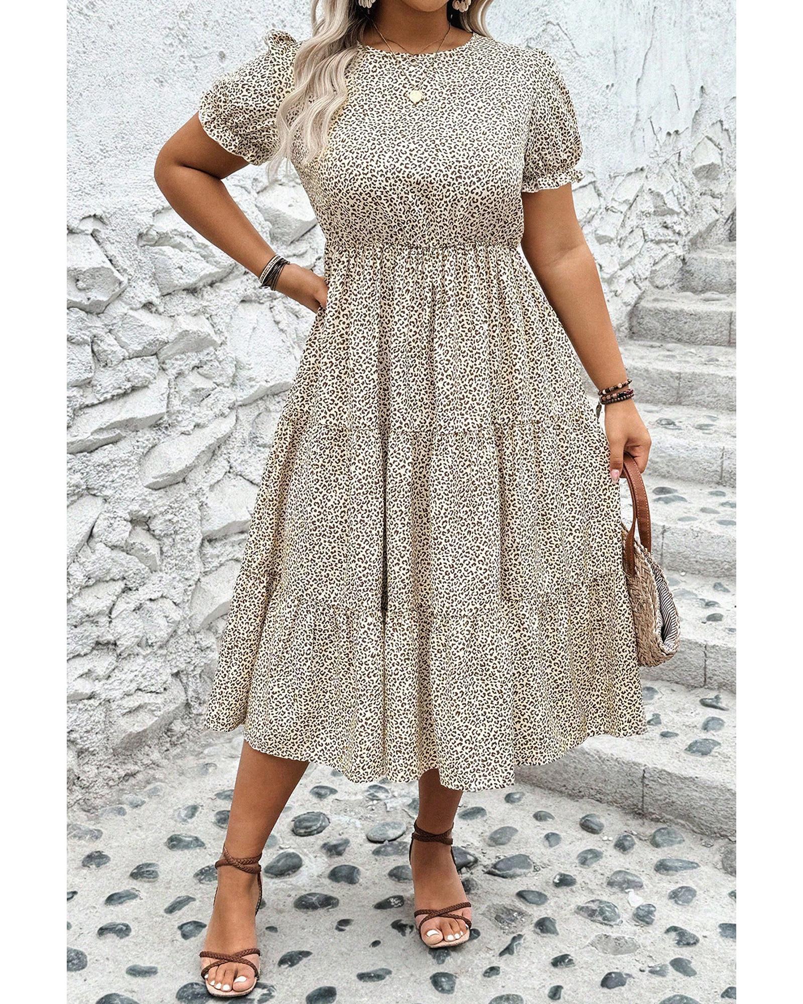 Beige Plus Size Leopard Print Frill Trim Short Sleeve Flared Dress - 4X 5