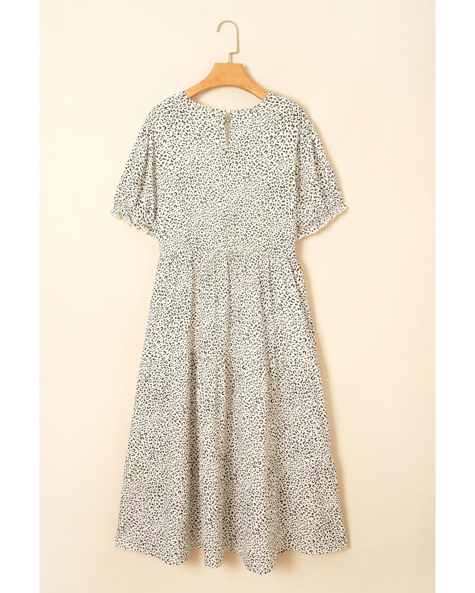 Beige Plus Size Leopard Print Frill Trim Short Sleeve Flared Dress - 4X 6