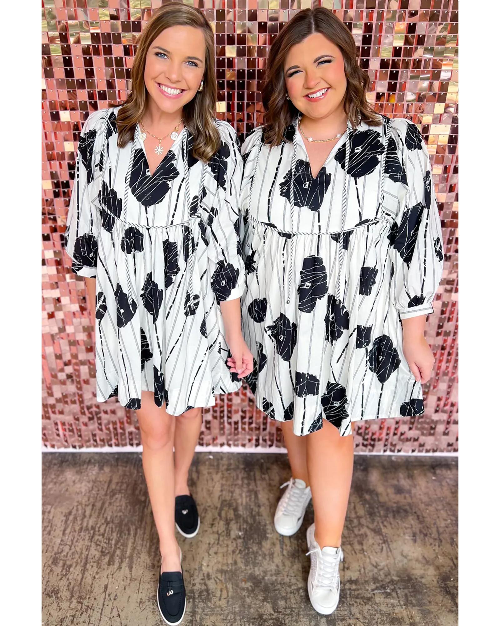 Black Plus Size Floral 3/4 Puff Sleeve Lace-up Neck Mini Dress - 4X 5