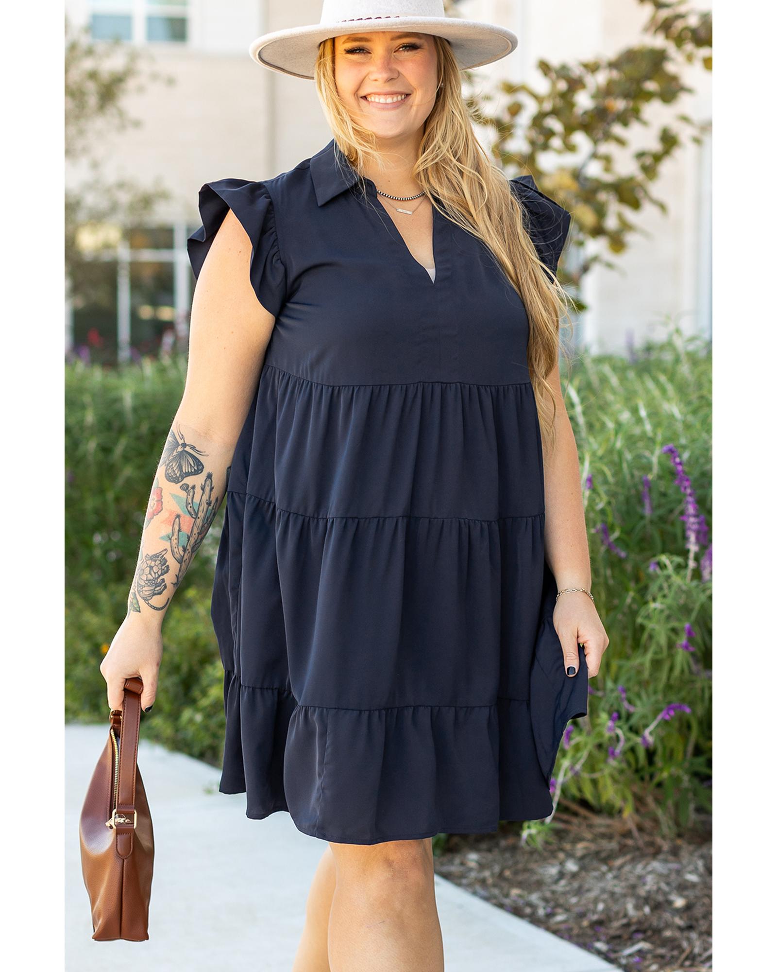 Navy Blue Collared V Neck Flutter Sleeve Tiered Plus Size Dress - 1X 3
