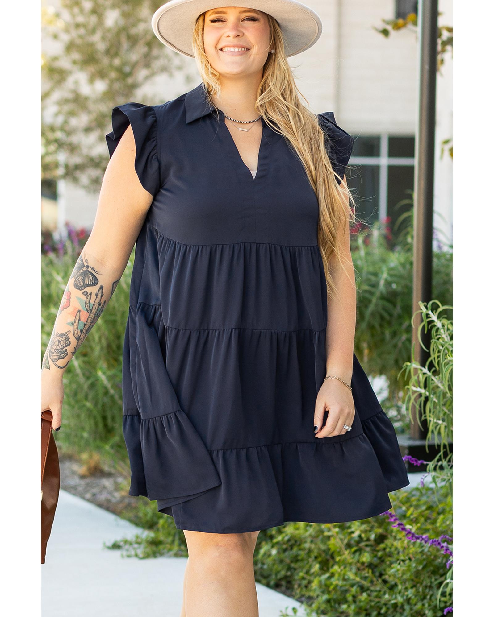 Navy Blue Collared V Neck Flutter Sleeve Tiered Plus Size Dress - 2X 4