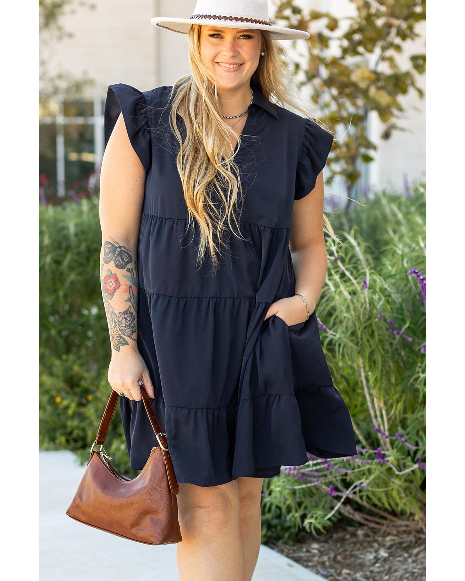 Navy Blue Collared V Neck Flutter Sleeve Tiered Plus Size Dress - 2X 5