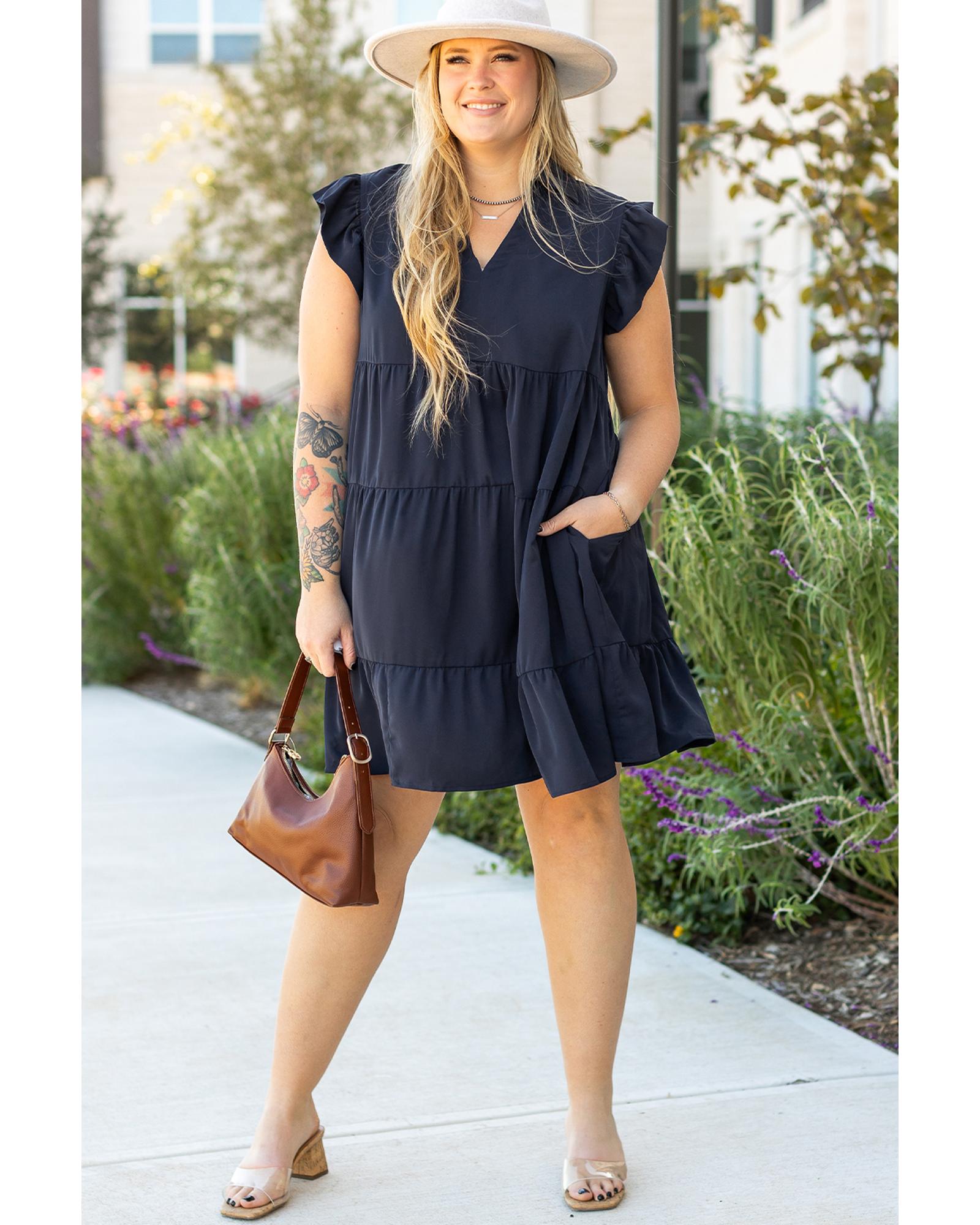 Navy Blue Collared V Neck Flutter Sleeve Tiered Plus Size Dress - 2X 7