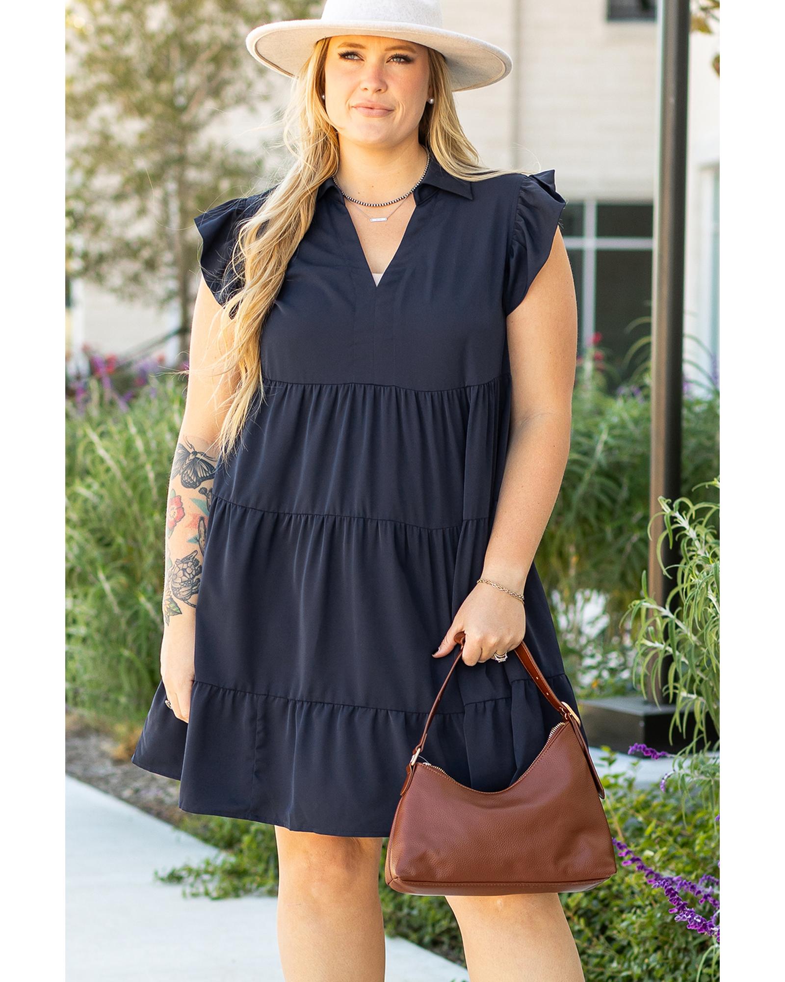 Navy Blue Collared V Neck Flutter Sleeve Tiered Plus Size Dress - 4X 6