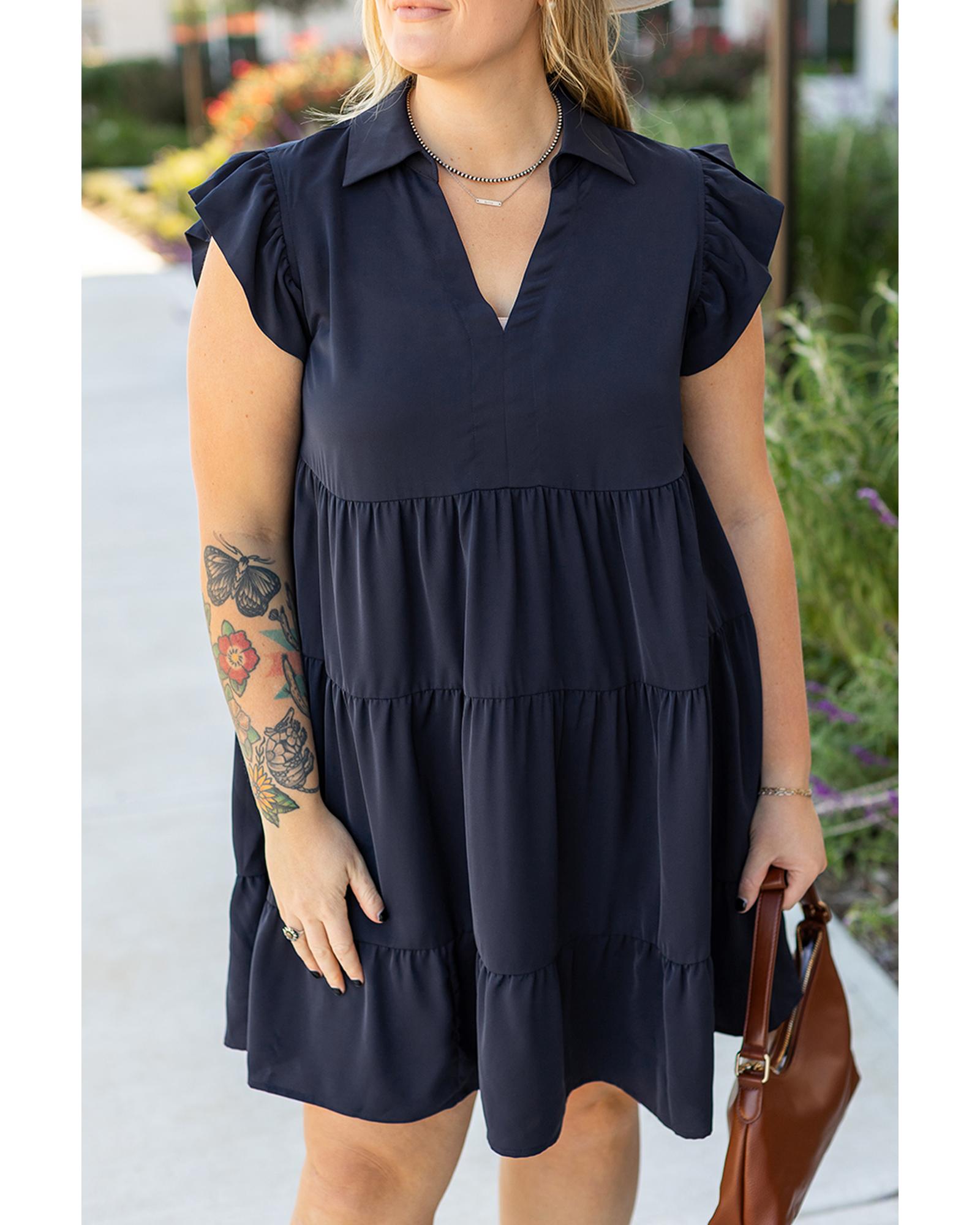 Navy Blue Collared V Neck Flutter Sleeve Tiered Plus Size Dress - 4X 8