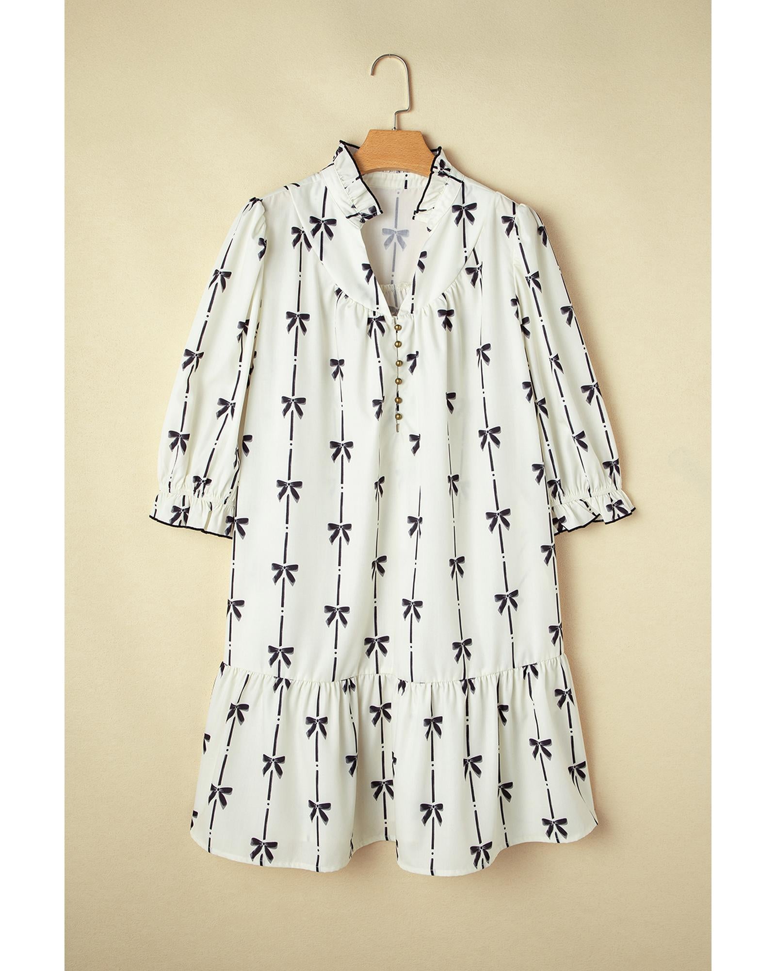 Apricot Bow Printed Puff Sleeve Ruffled Plus Size Mini Dress - 3X 5
