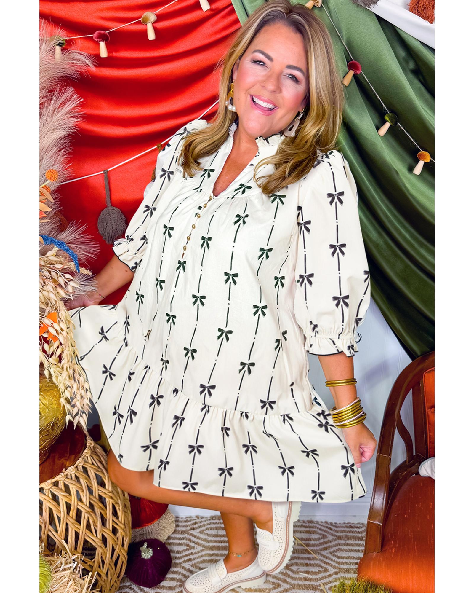 Apricot Bow Printed Puff Sleeve Ruffled Plus Size Mini Dress - 4X