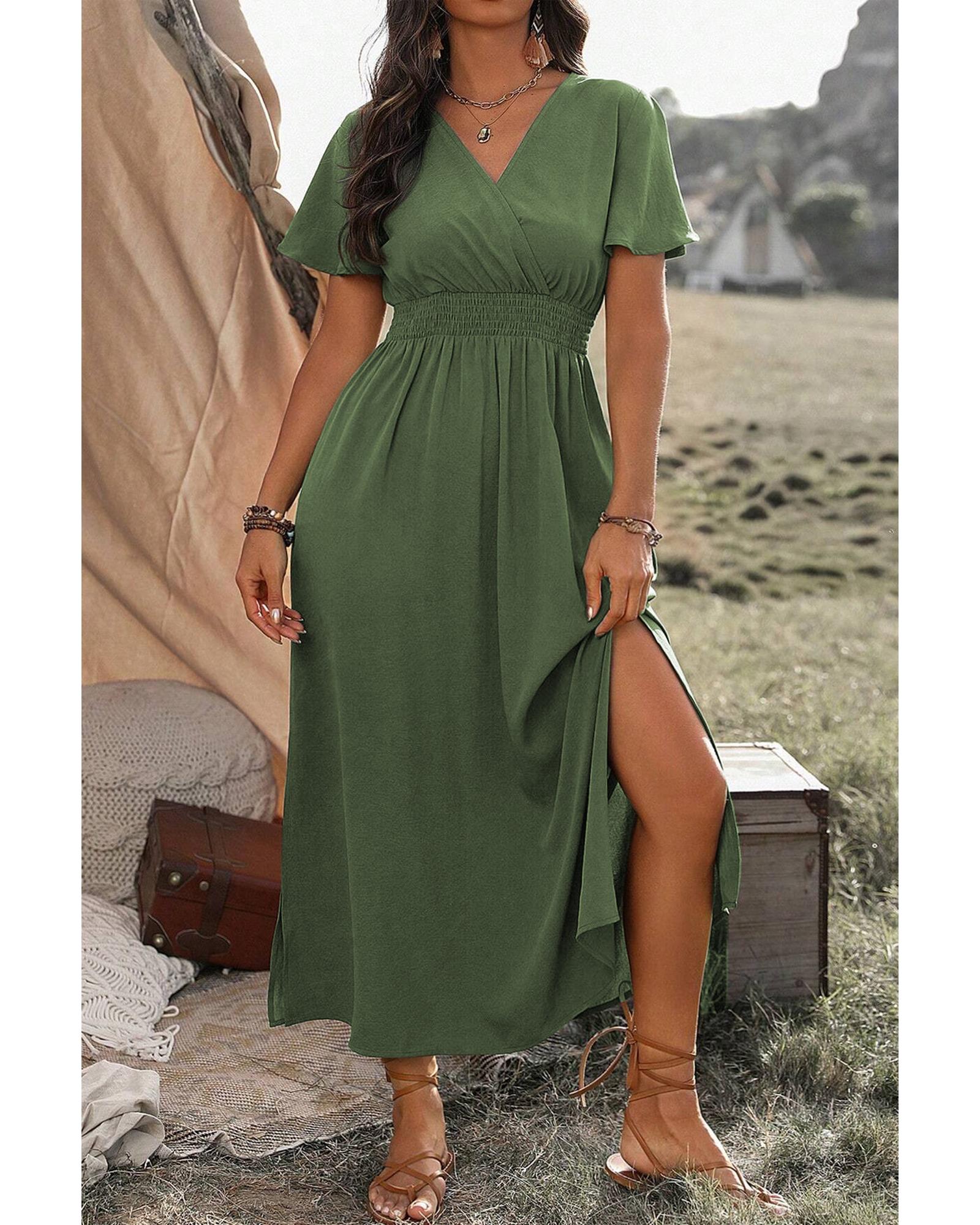Four Leaf Clover Surplice Neckline Shirred High Waist Plus Size Maxi Dress - 2X 3