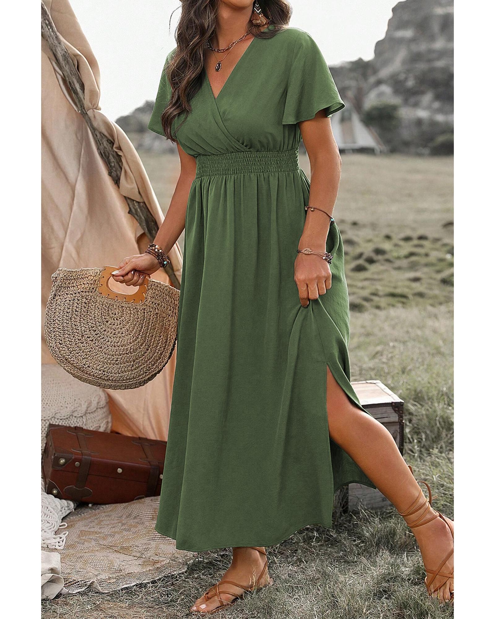 Four Leaf Clover Surplice Neckline Shirred High Waist Plus Size Maxi Dress - 2X 4