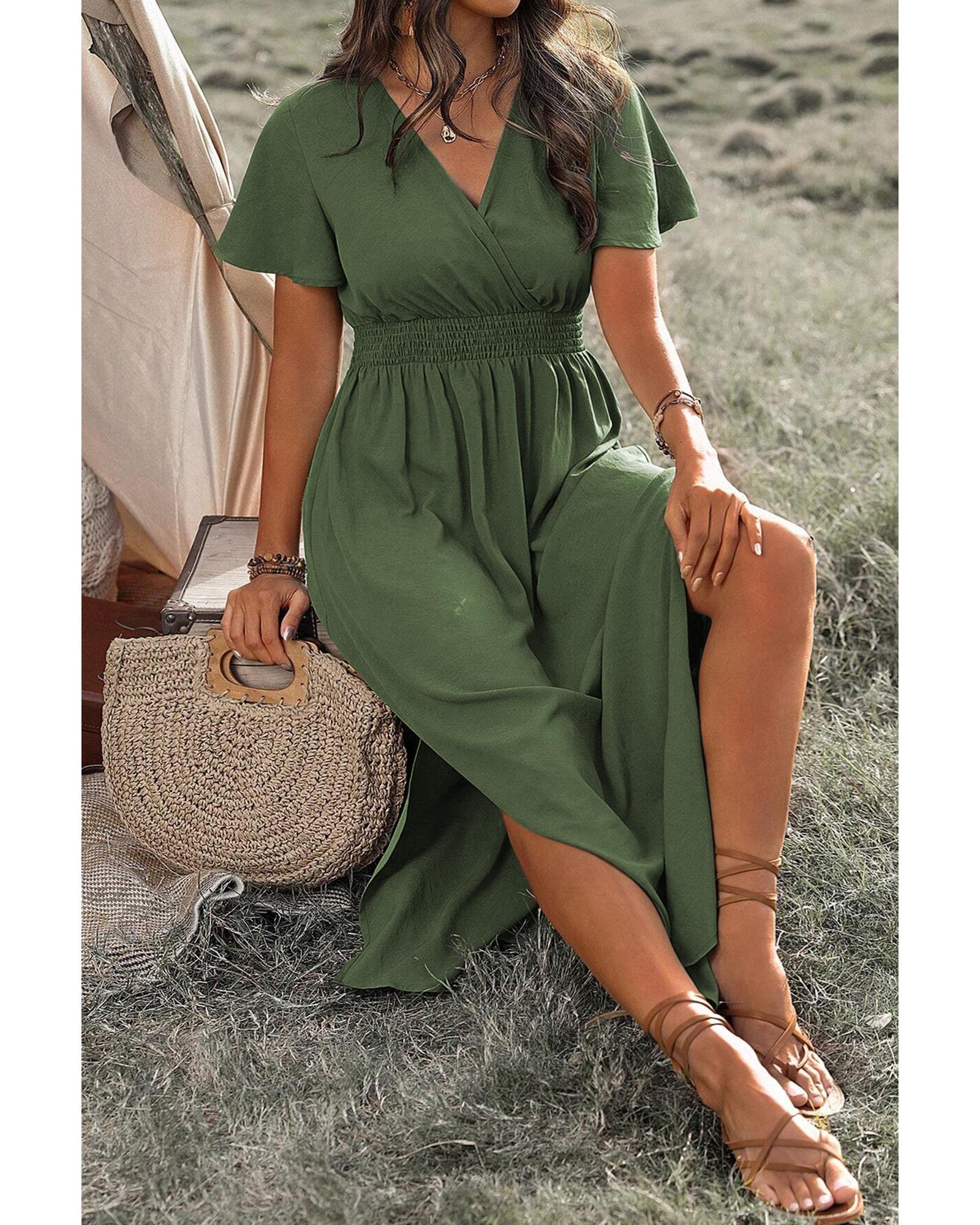 Four Leaf Clover Surplice Neckline Shirred High Waist Plus Size Maxi Dress - 2X 6