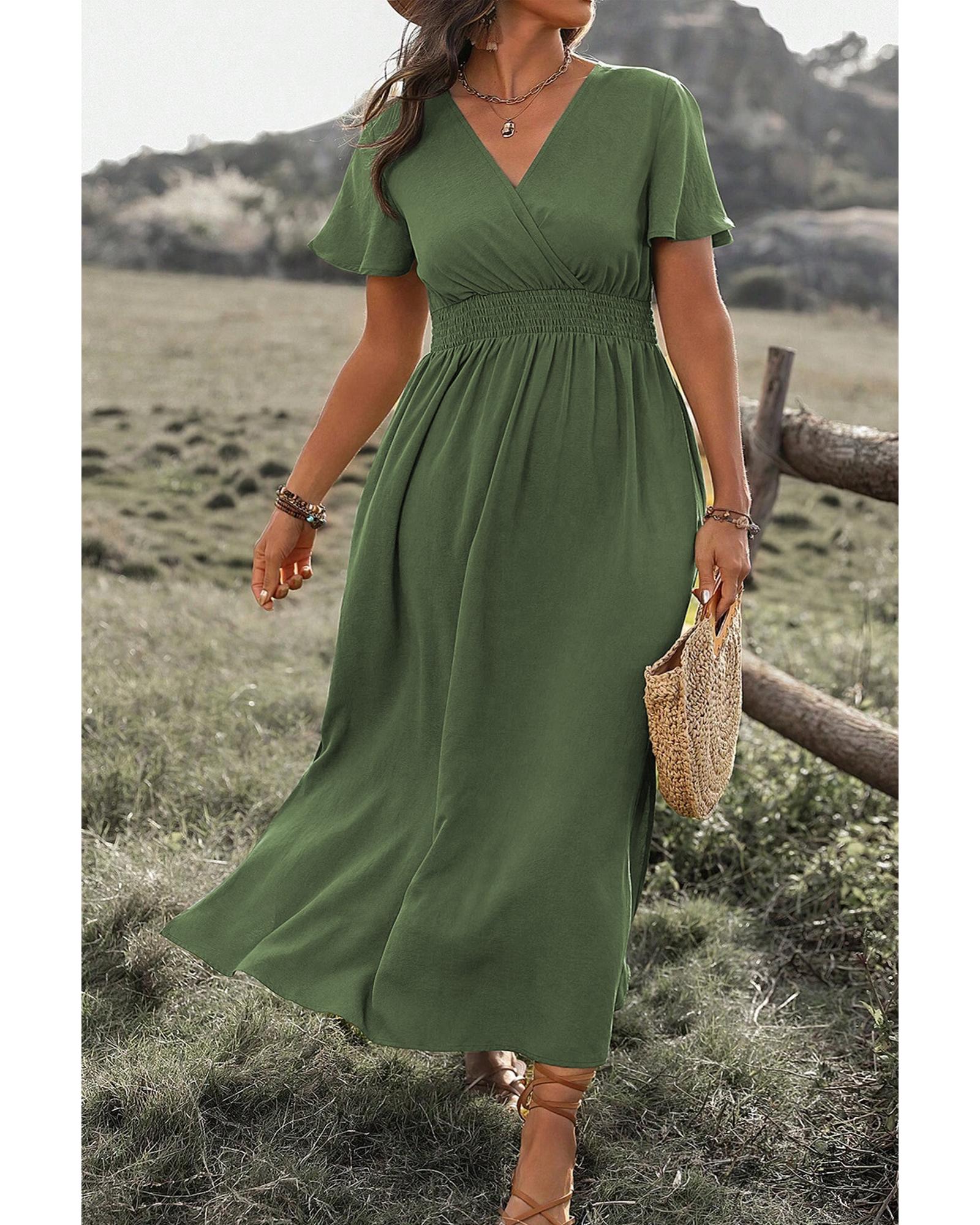 Four Leaf Clover Surplice Neckline Shirred High Waist Plus Size Maxi Dress - 3X 5