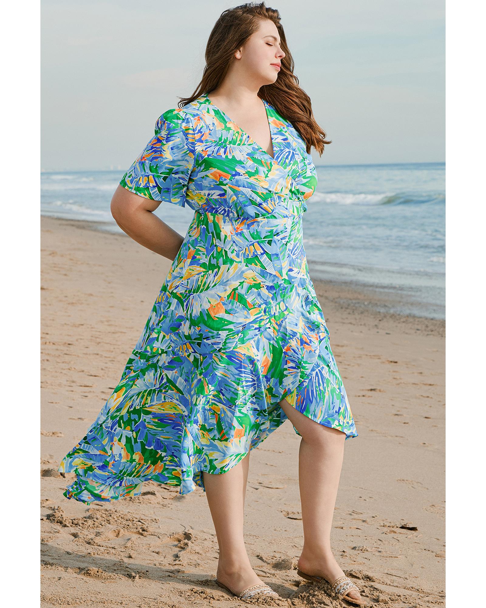 Green Leaves Print Short Sleeve Surplice Neck Ruffled Trim Plus Size Maxi Dress - 1X 6