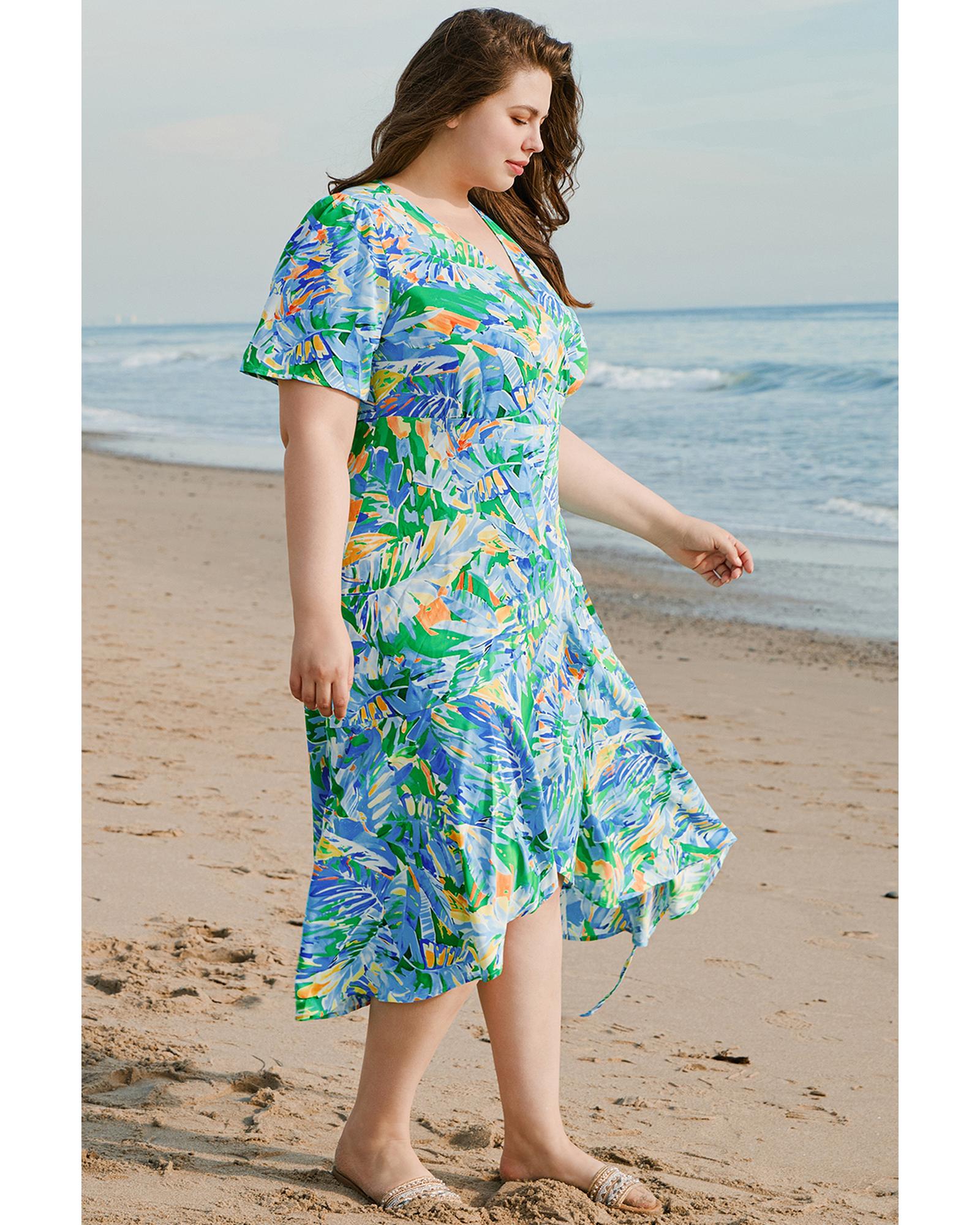 Green Leaves Print Short Sleeve Surplice Neck Ruffled Trim Plus Size Maxi Dress - 2X 3