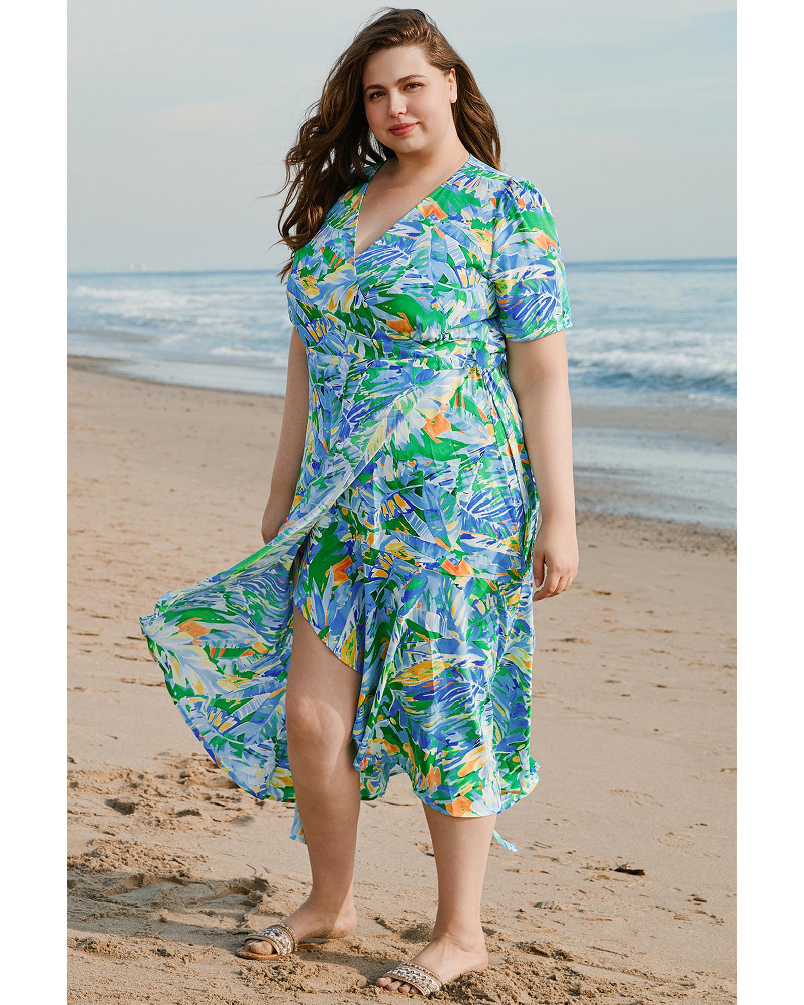 Green Leaves Print Short Sleeve Surplice Neck Ruffled Trim Plus Size Maxi Dress - 2X 4