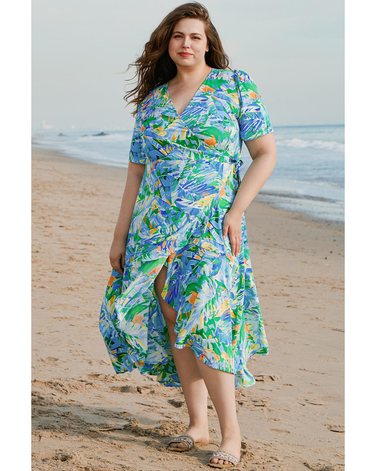 Green Leaves Print Short Sleeve Surplice Neck Ruffled Trim Plus Size Maxi Dress - 2X 5