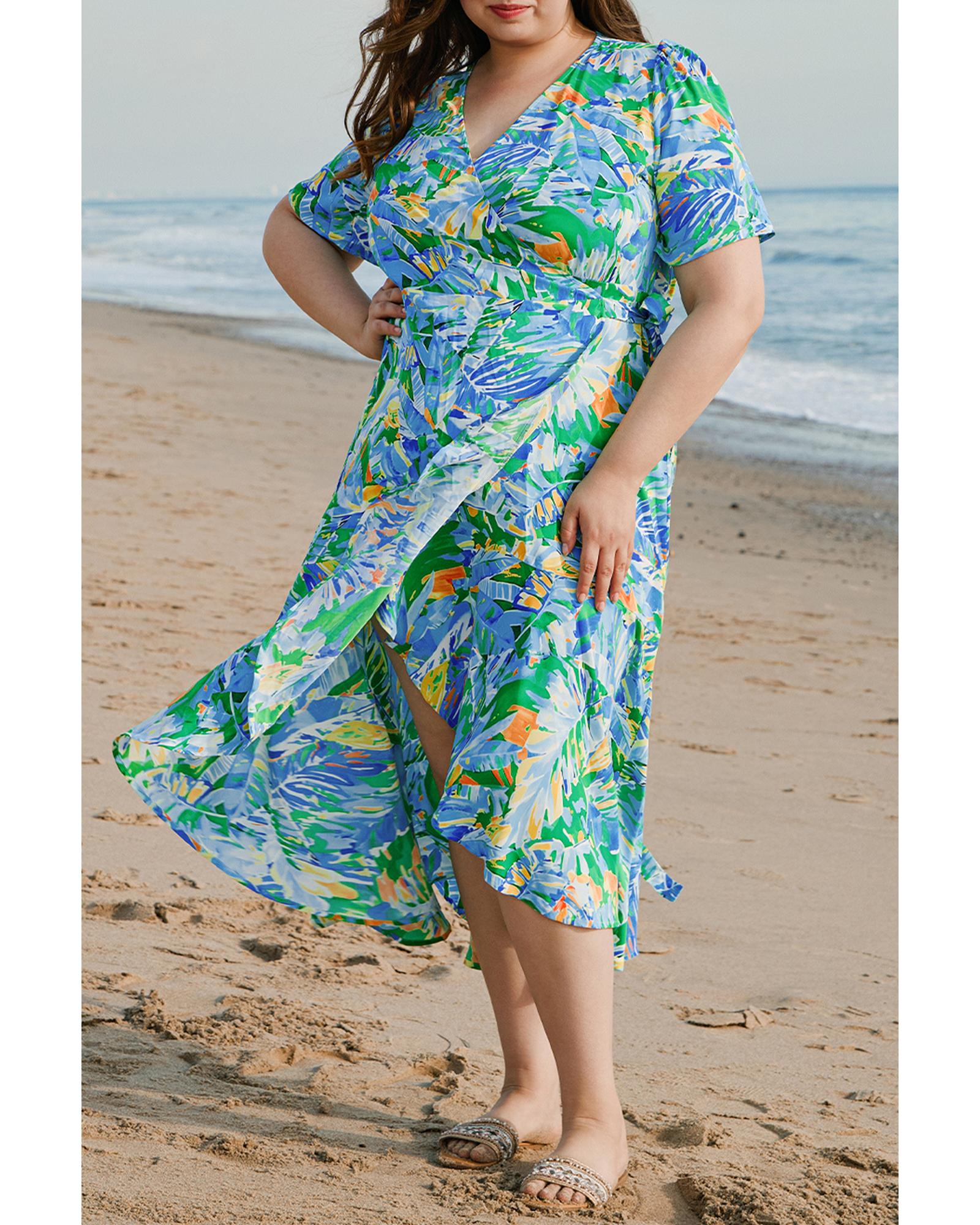 Green Leaves Print Short Sleeve Surplice Neck Ruffled Trim Plus Size Maxi Dress - 2X 8
