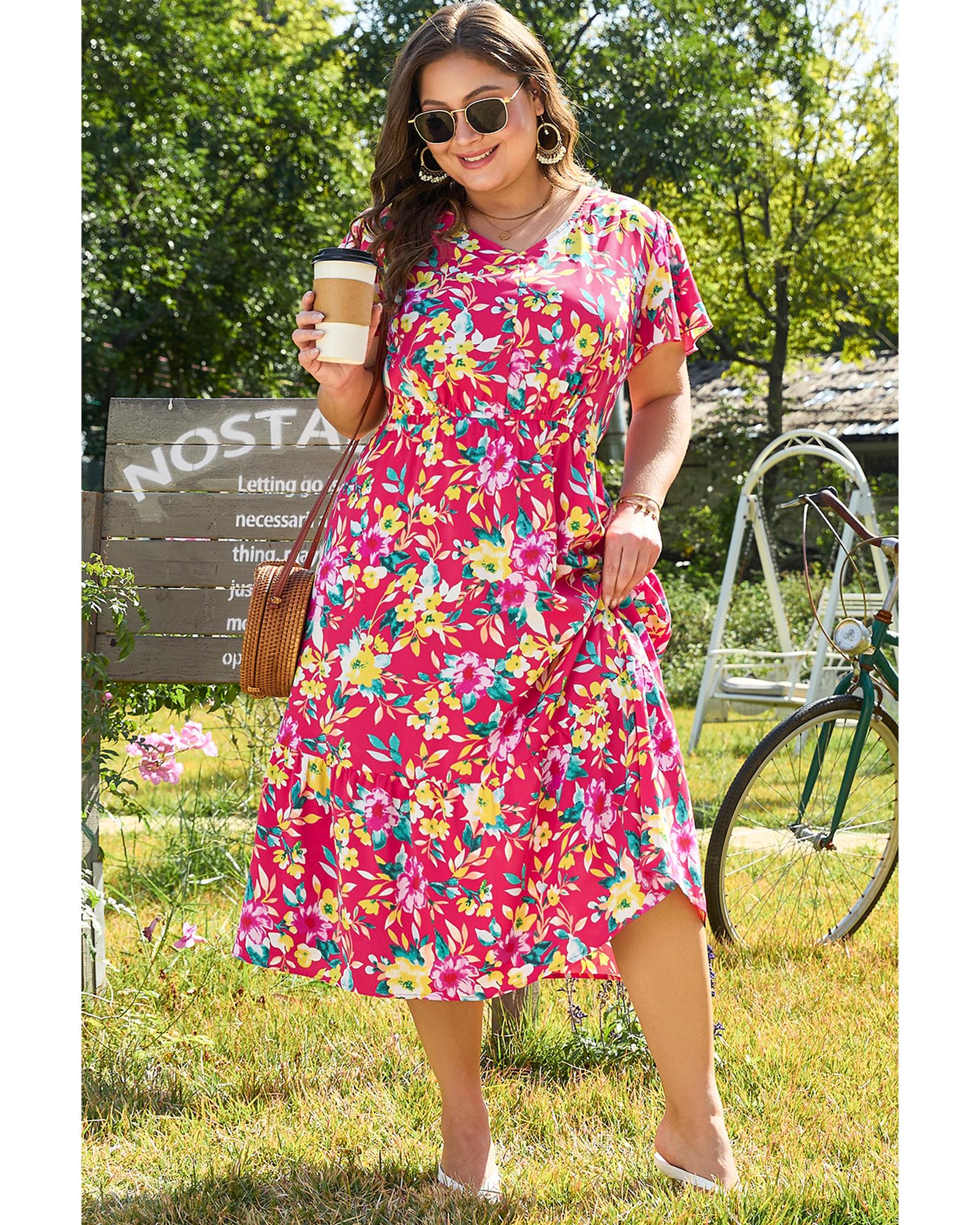Pink Floral Print V Neck Pocketed High Waist Plus Size Midi Dress - 4X