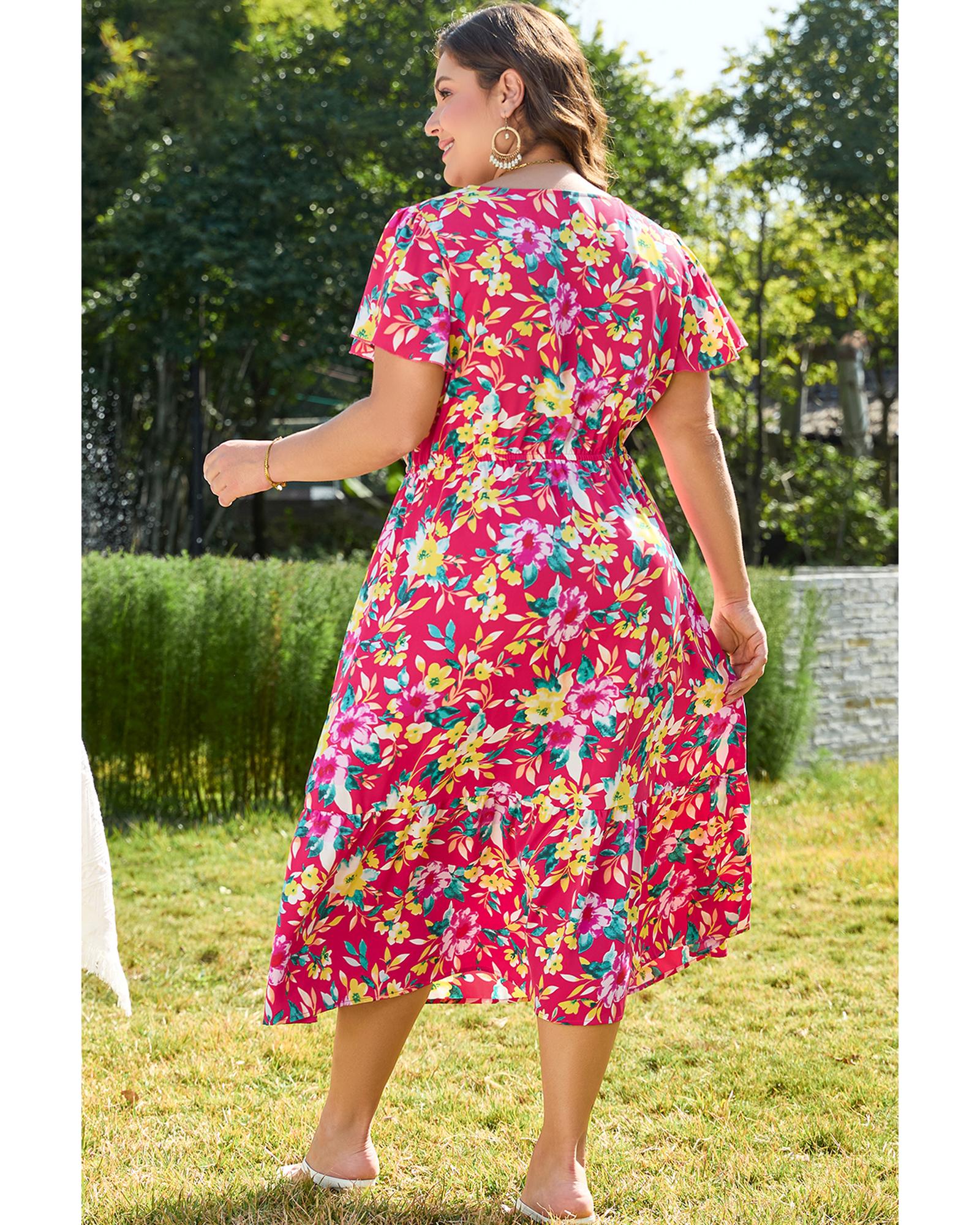 Pink Floral Print V Neck Pocketed High Waist Plus Size Midi Dress - 4X