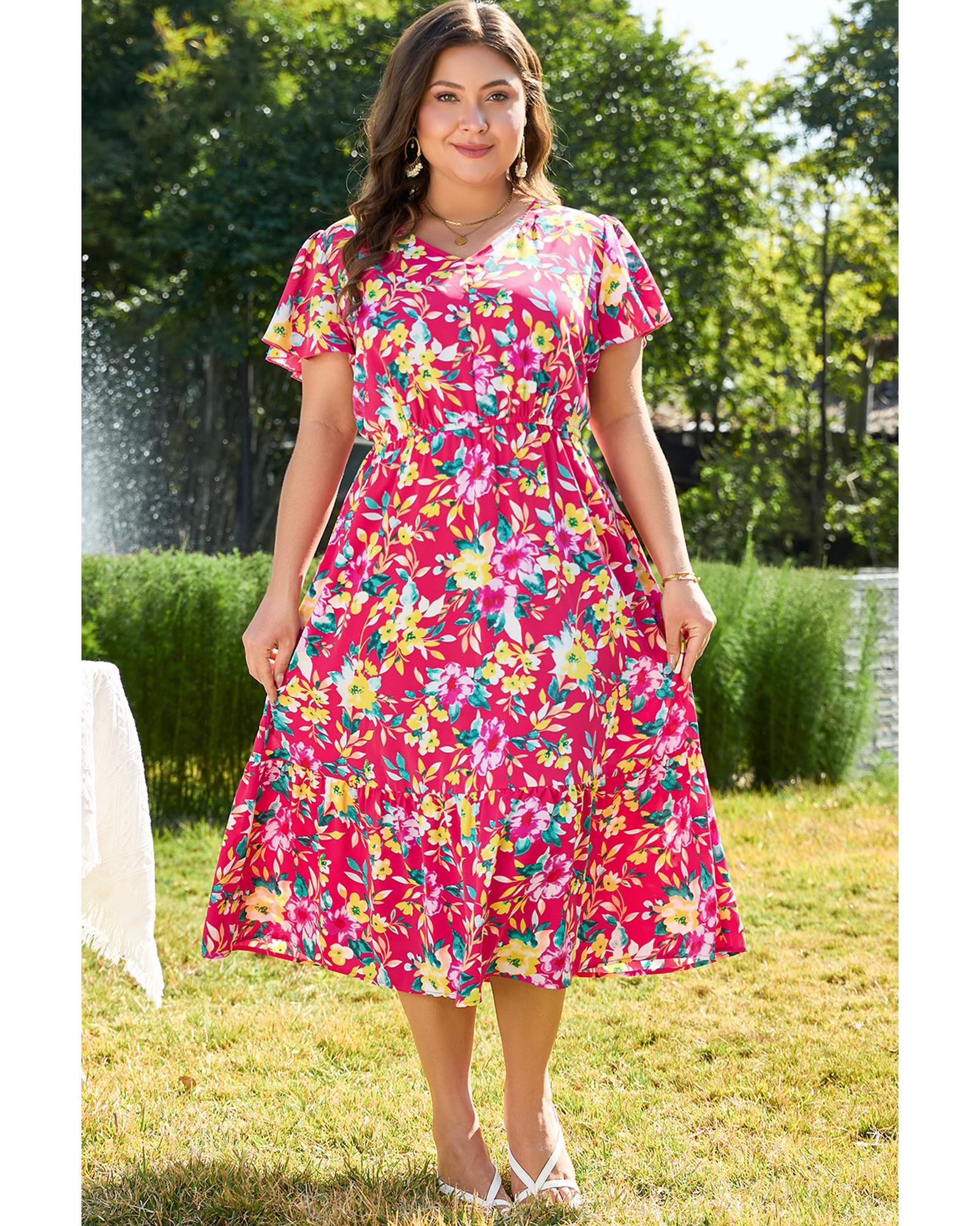 Pink Floral Print V Neck Pocketed High Waist Plus Size Midi Dress - 4X 3