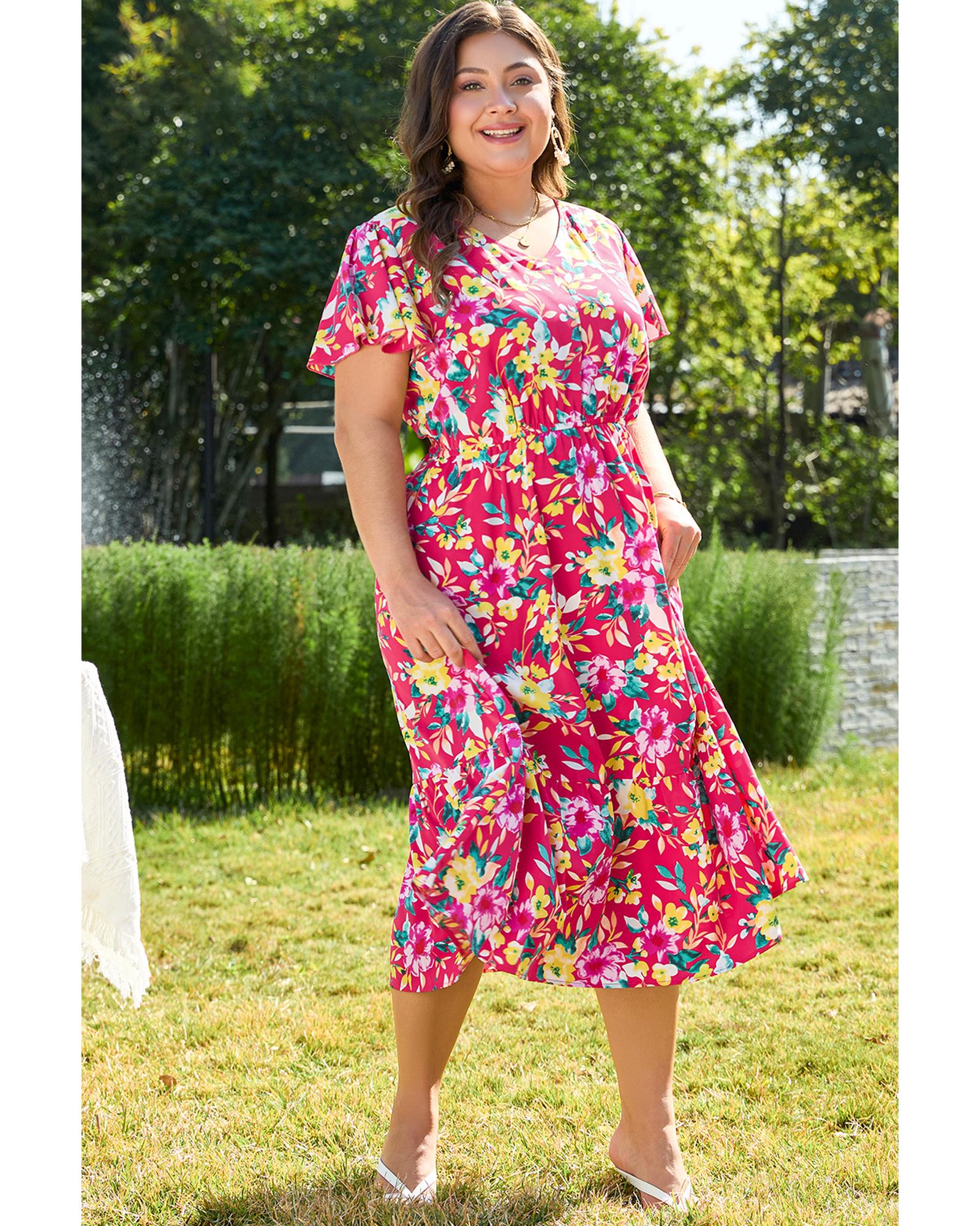 Pink Floral Print V Neck Pocketed High Waist Plus Size Midi Dress - 4X 4