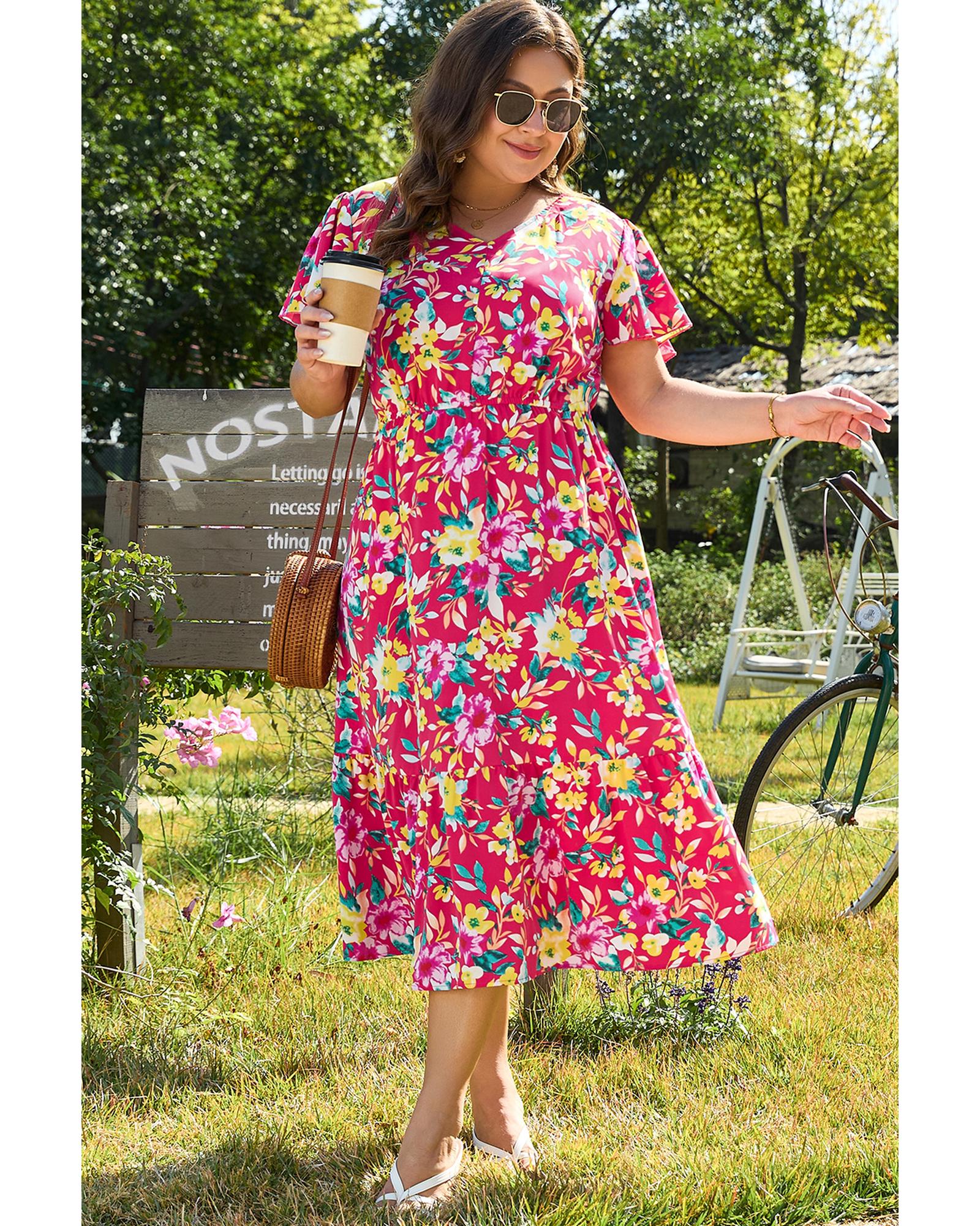 Pink Floral Print V Neck Pocketed High Waist Plus Size Midi Dress - 4X 5