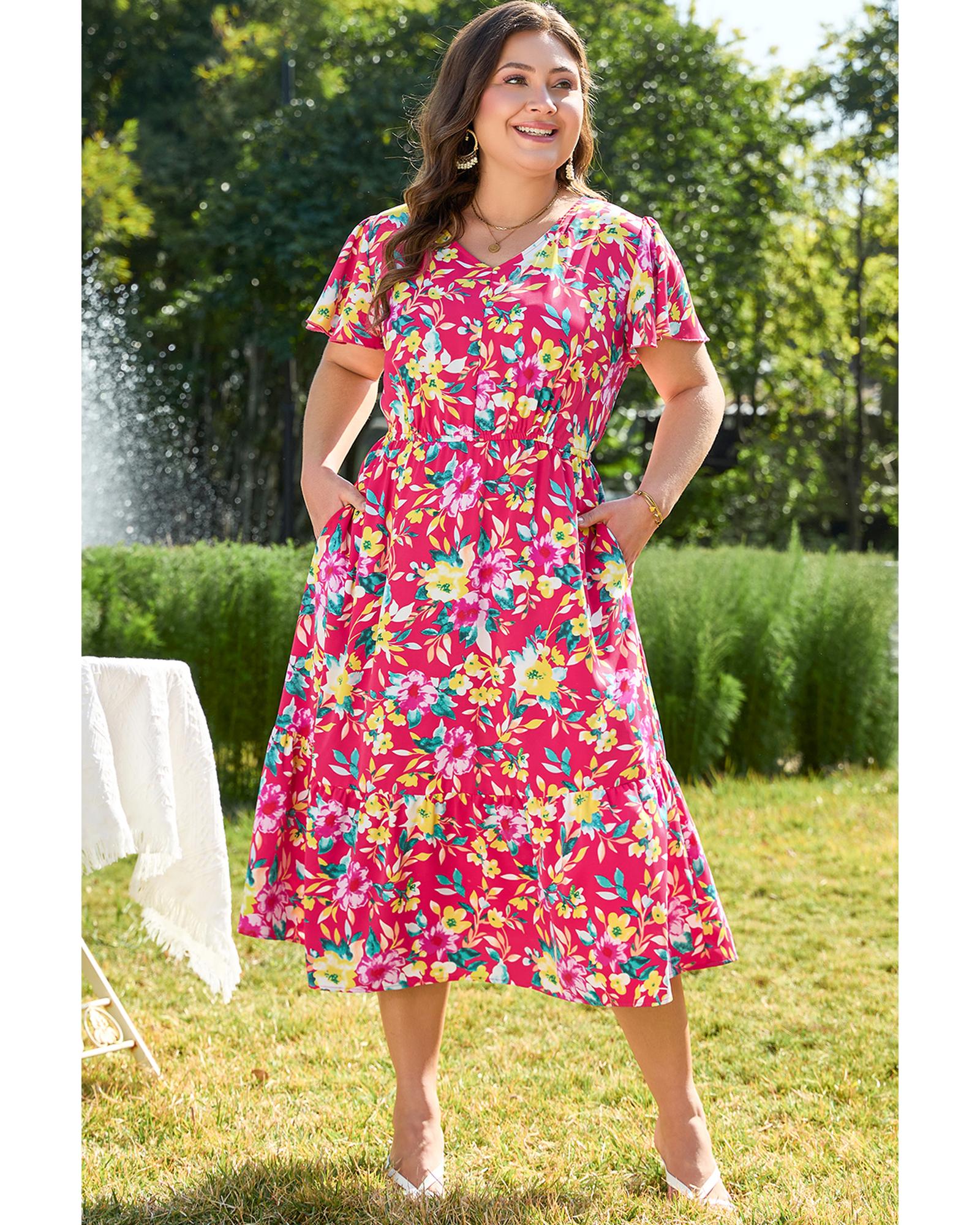 Pink Floral Print V Neck Pocketed High Waist Plus Size Midi Dress - 4X 6